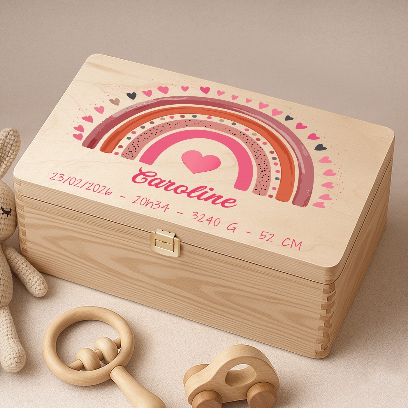 Caja de recuerdos de madera de Murrano - Impresión personalizada para el nacimiento de un bebé