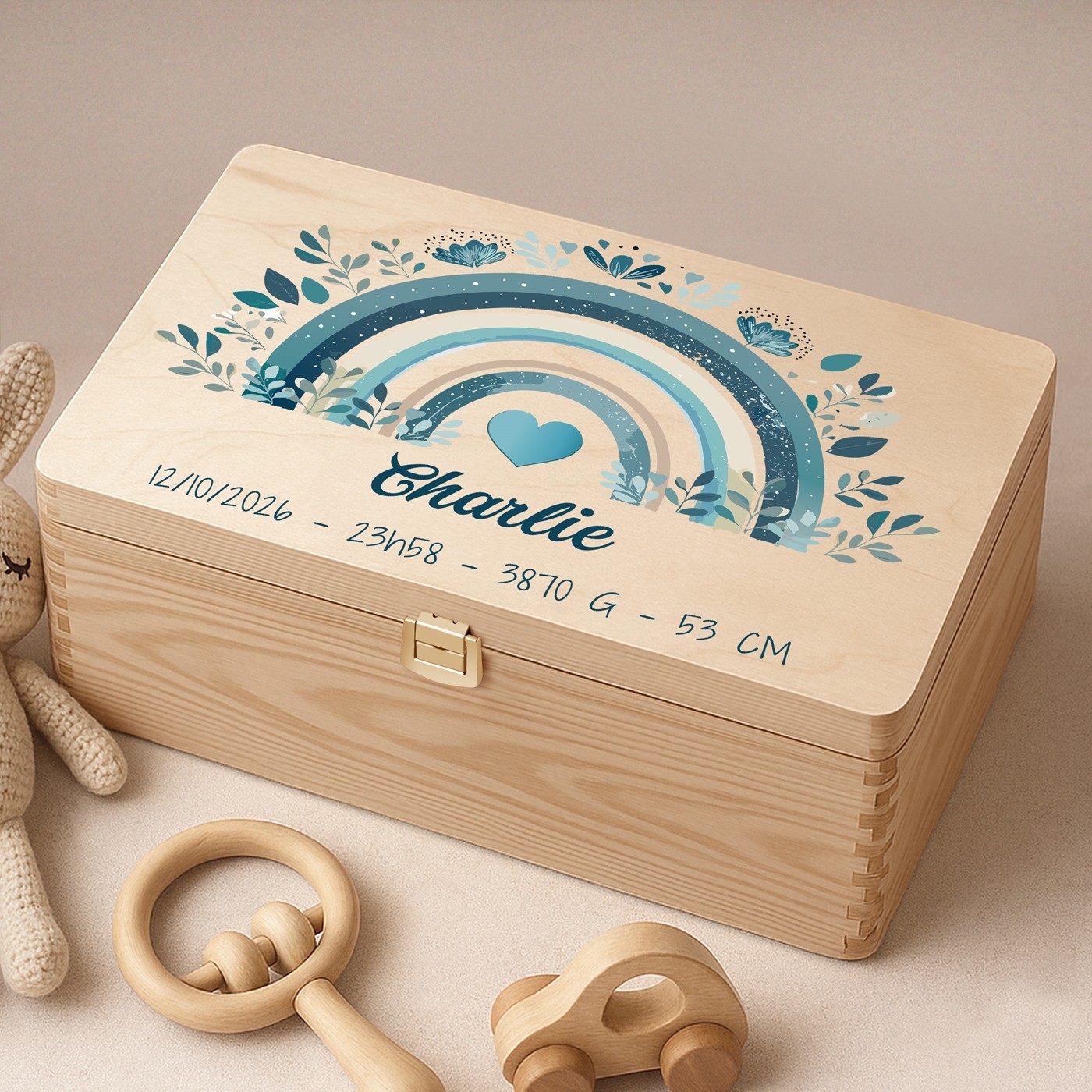 Caja de recuerdos de madera de pino Murrano - Nacimiento de un niño