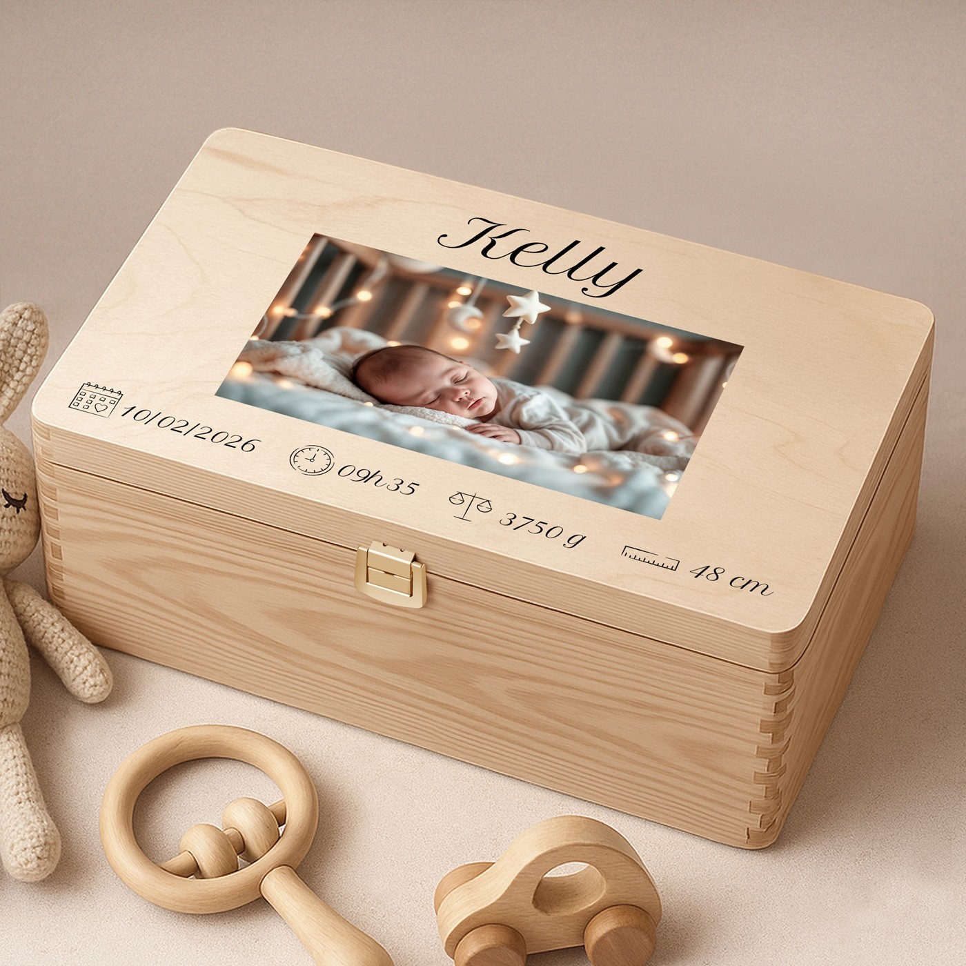 Caja de recuerdos de madera Murrano - Recuerdo personalizado para el nacimiento de un bebé