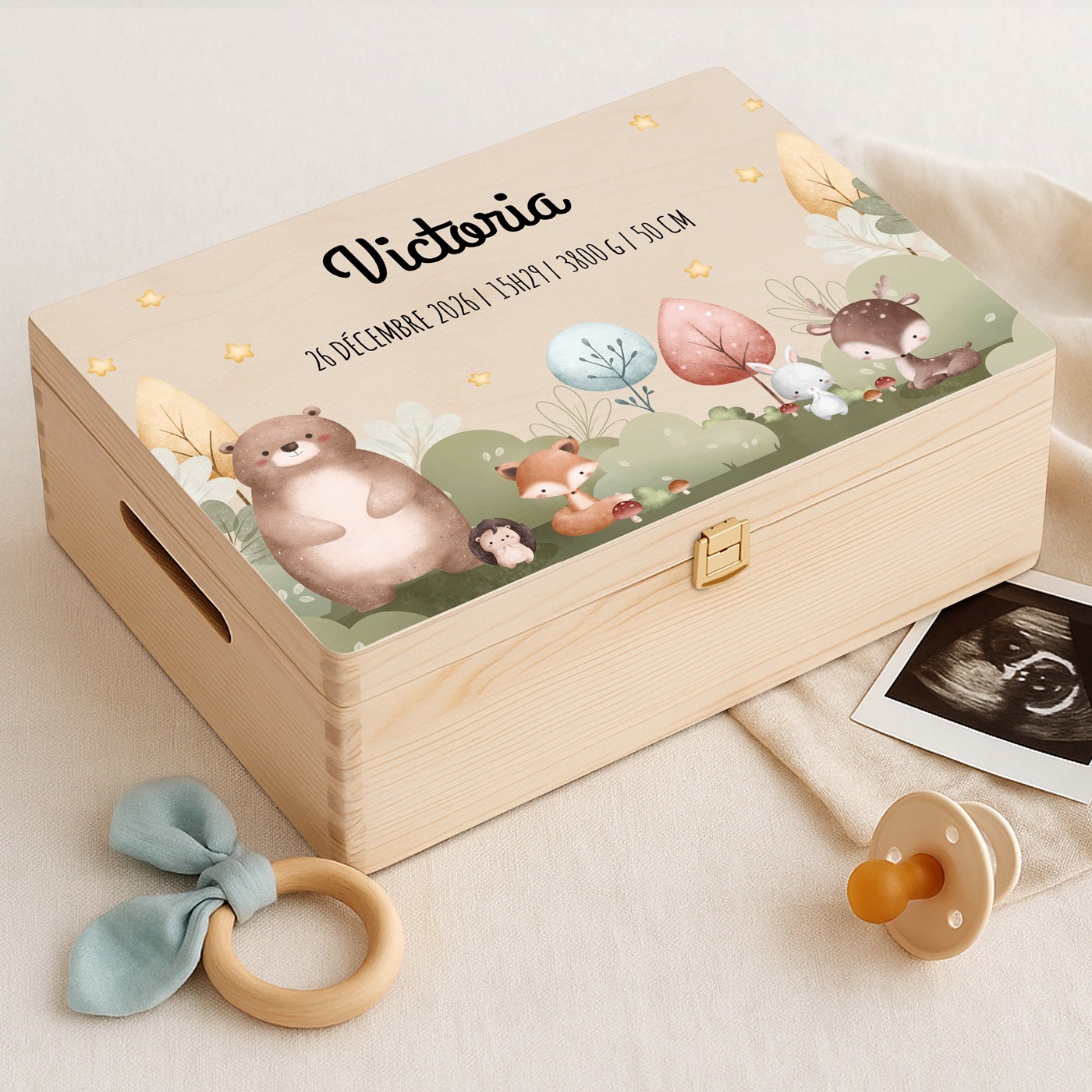 Caja de recuerdos de madera de Murrano - Grabado de nacimiento para bebé