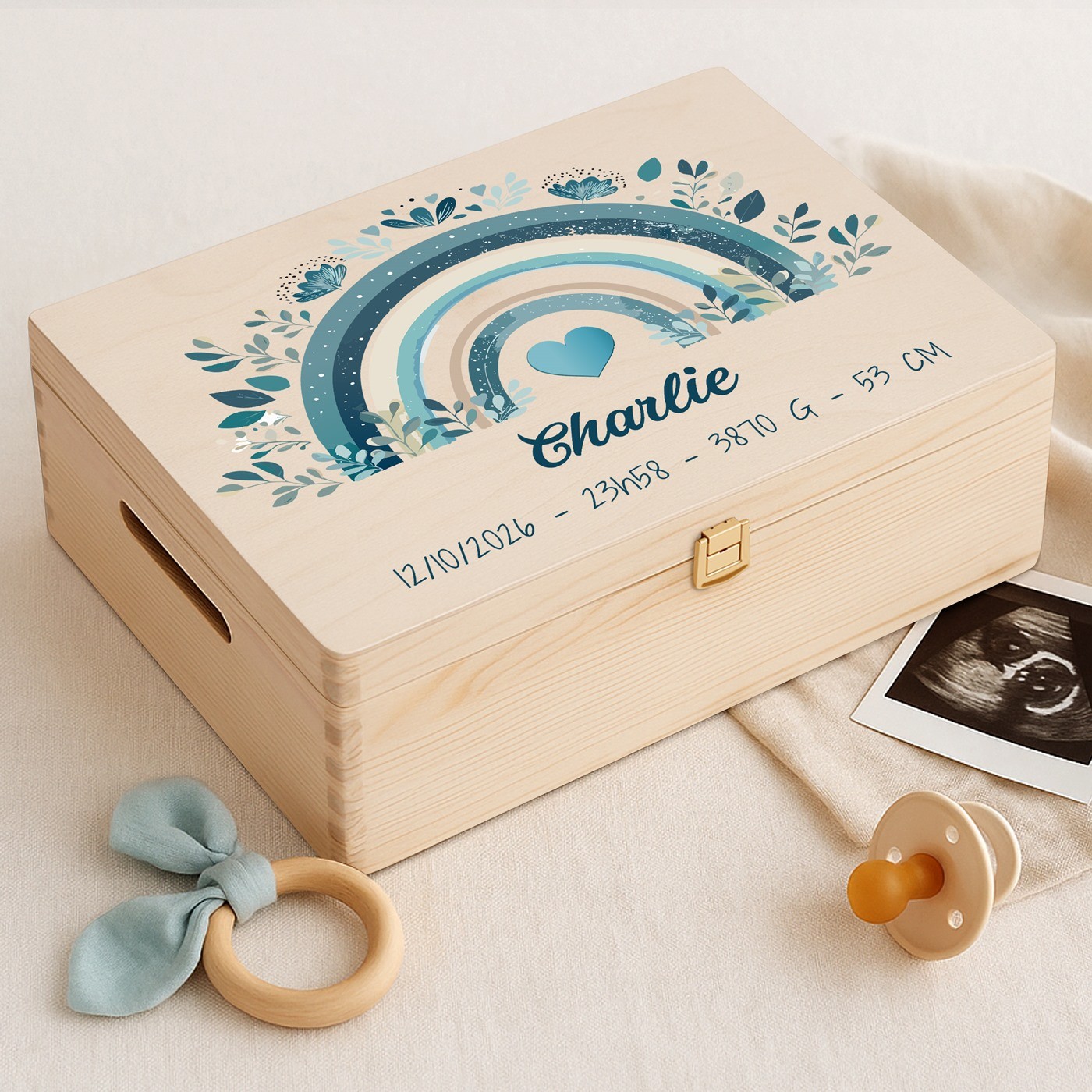 Caja de recuerdos de madera de pino Murrano - Personalizada para el nacimiento de un bebé