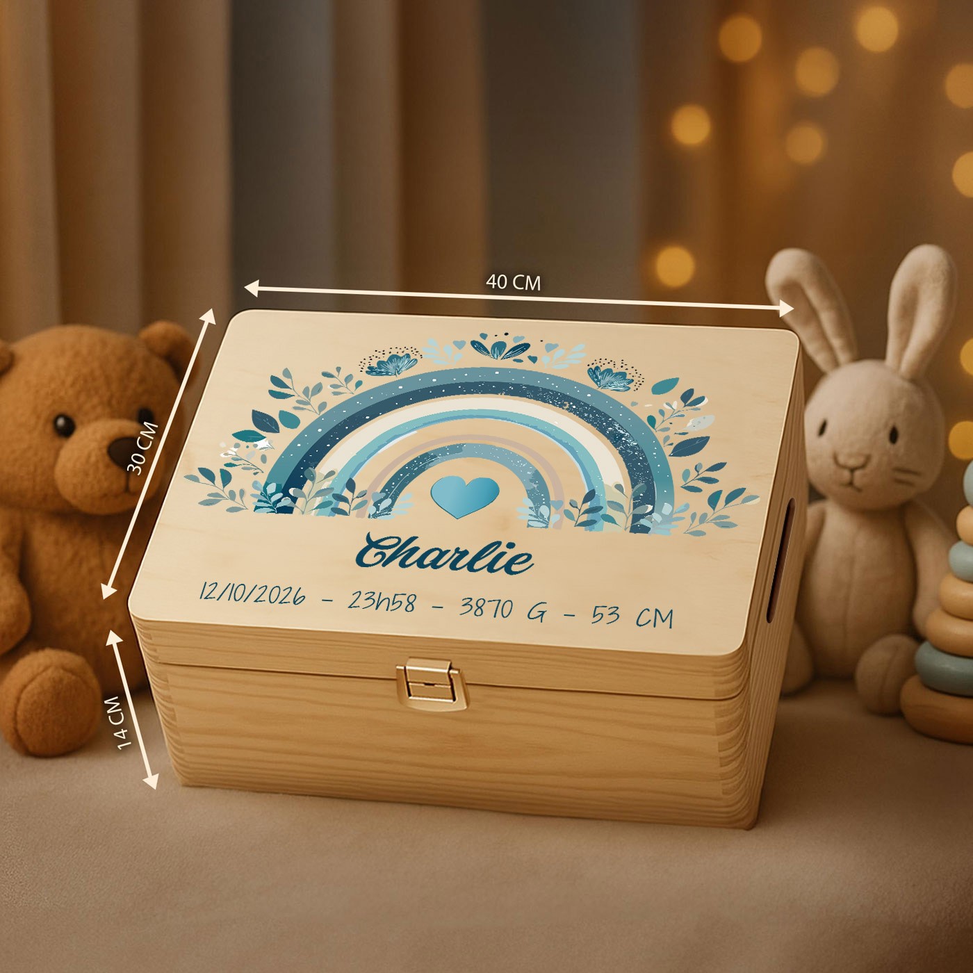 Caja de recuerdos de madera de pino Murrano - Personalizada para el nacimiento de un bebé