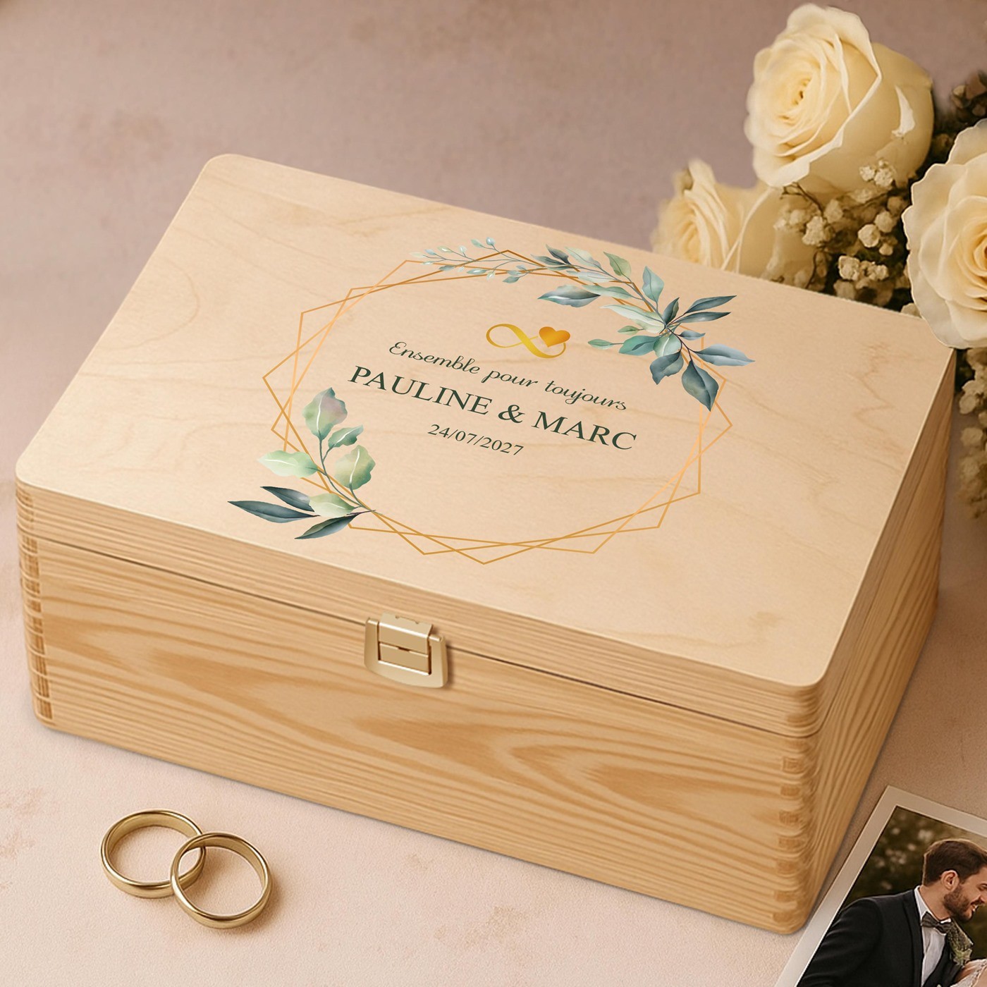 Caja de recuerdos creativa de madera Murrano para novios jóvenes