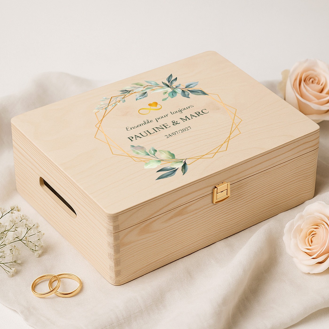 Caja de recuerdos creativa de madera de pino para recién casados de Murrano