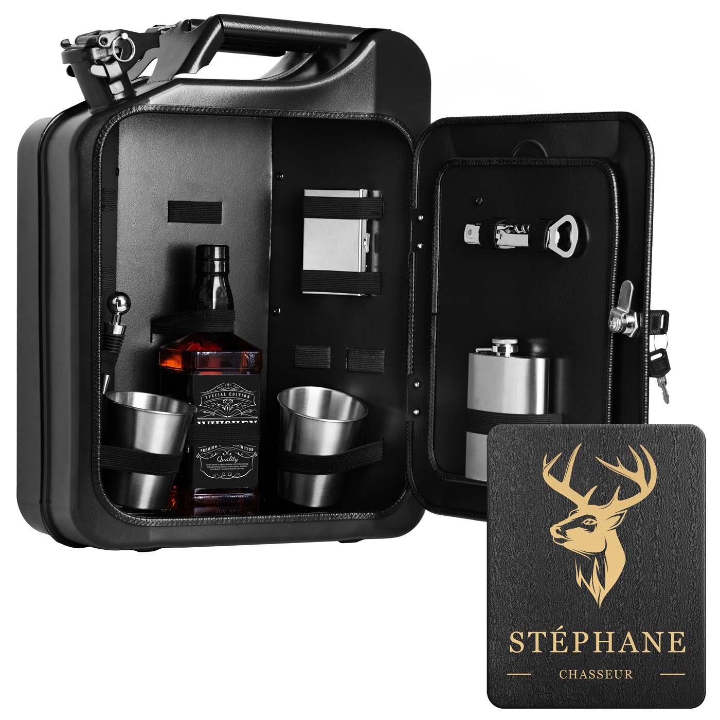Mini bar de Murrano con accesorios y grabado para cazadores