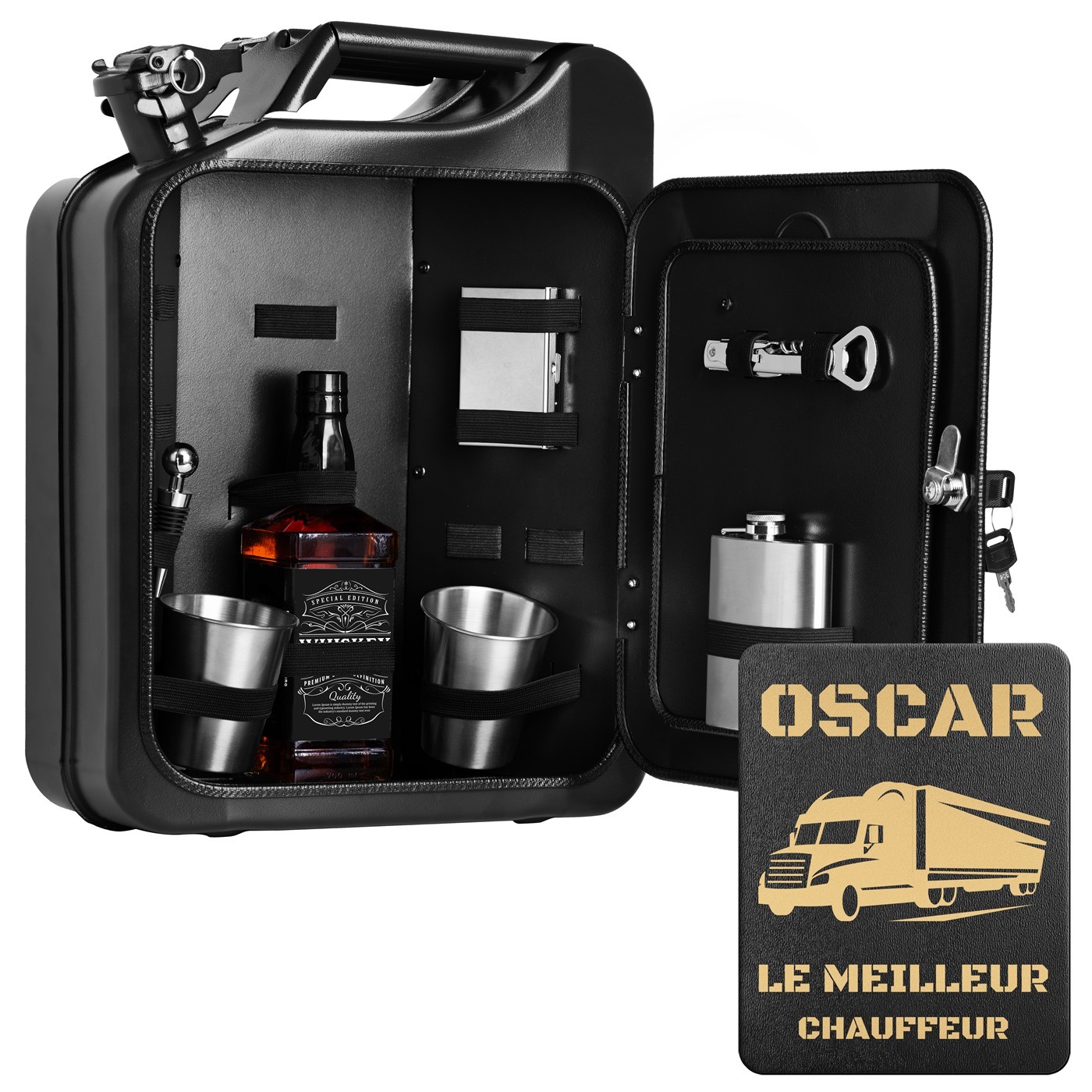 Mini bar Murrano con accesorios y grabado para conductores de camiones