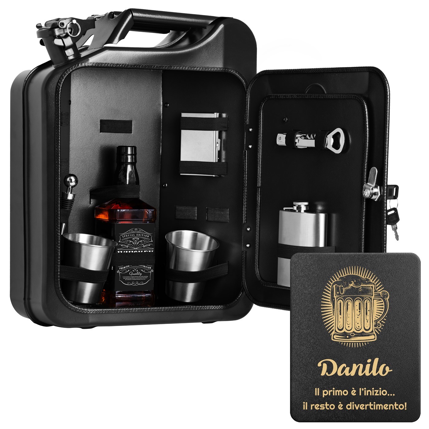 Mini bar Murrano con accesorios y grabado para amantes de la cerveza