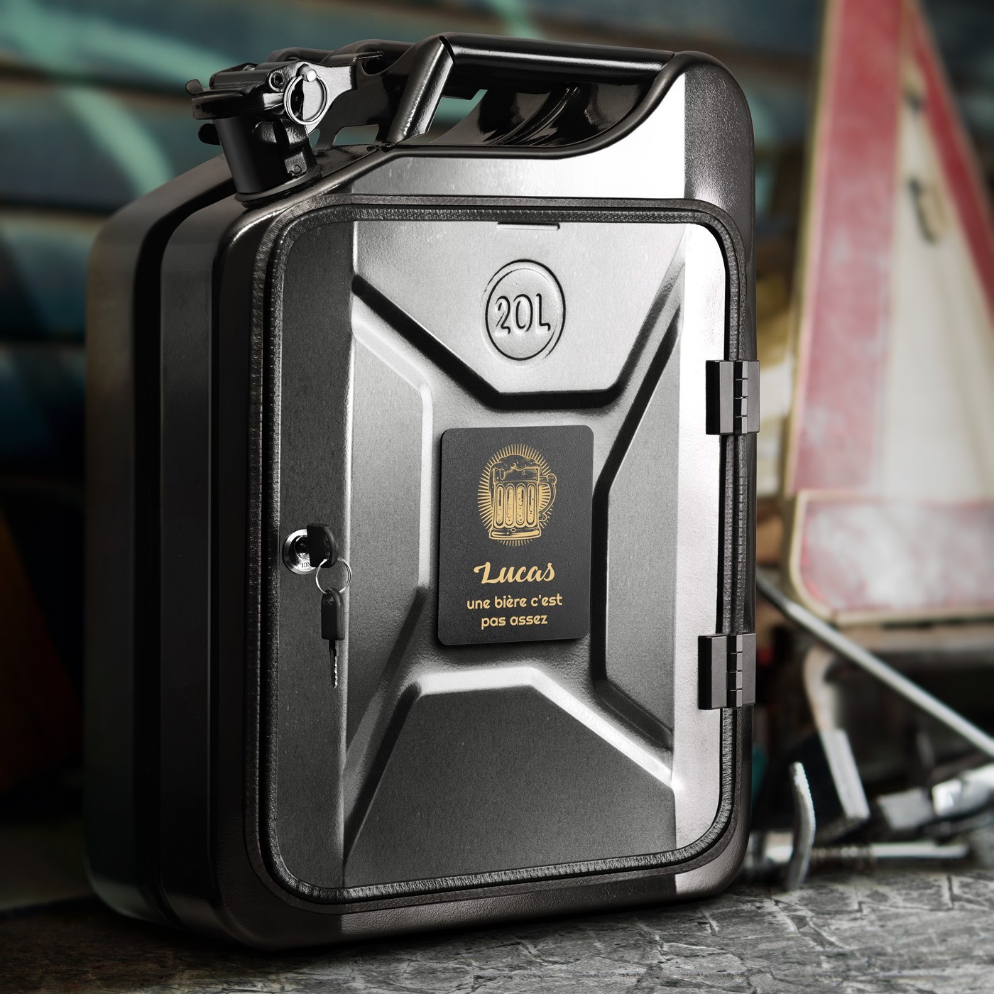 Mini bar Murrano con accesorios y grabado para amantes de la cerveza