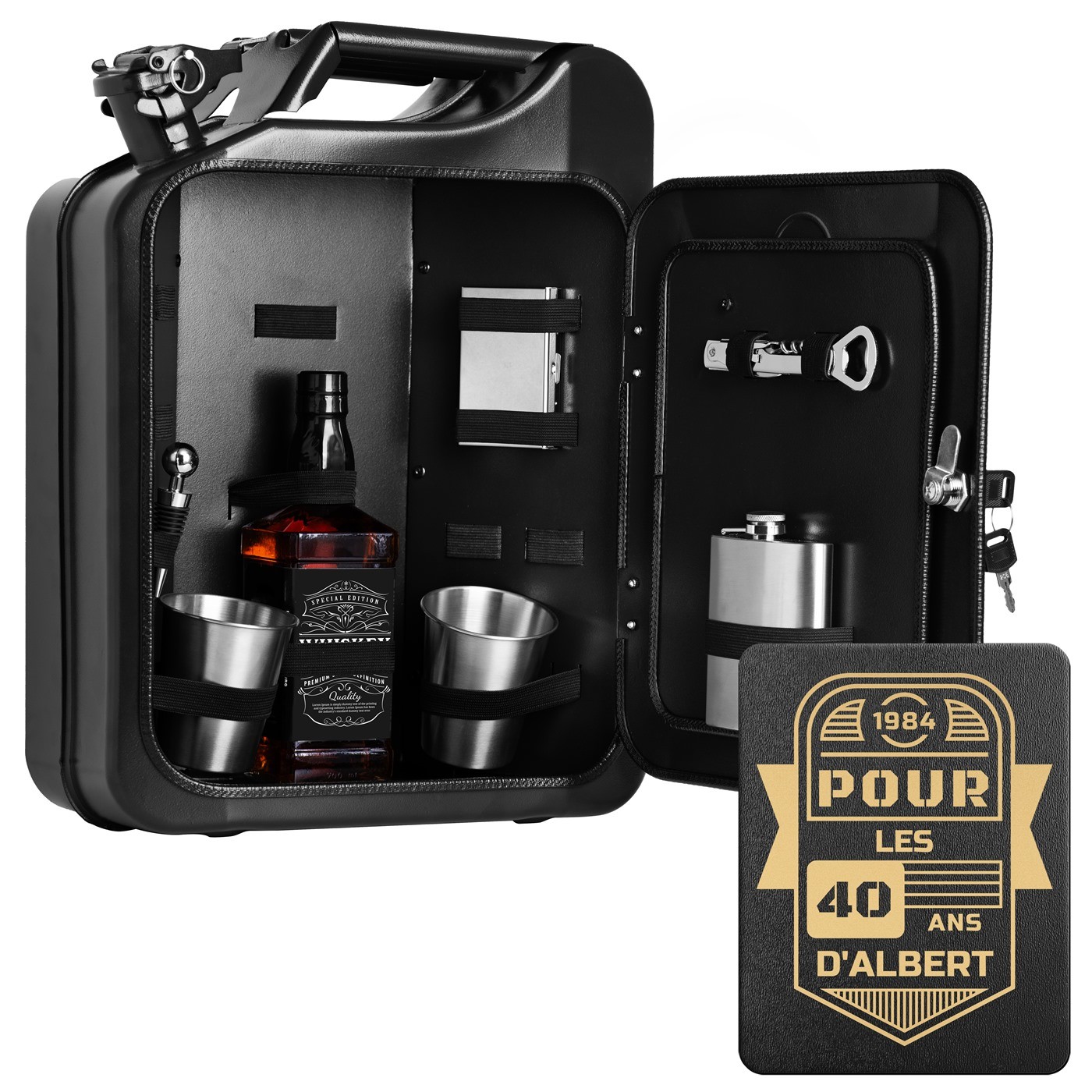 Mini Bar en Bidón Jerrycan Murrano con Accesorios y Grabado para el Cumpleaños 40 Hombre