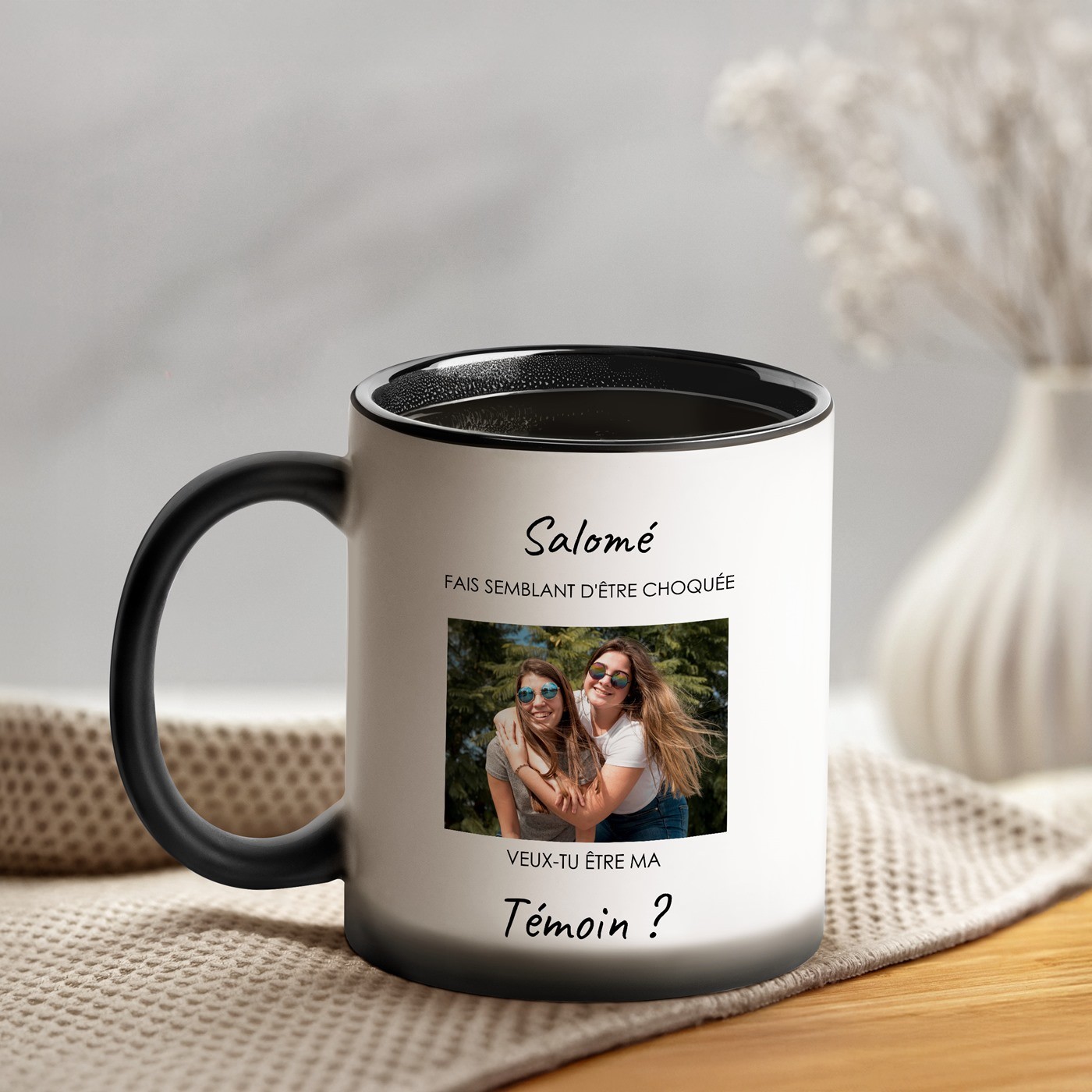Taza Mágica Murrano - Impresión Personalizada en Negro y Blanco para Testigo de Boda