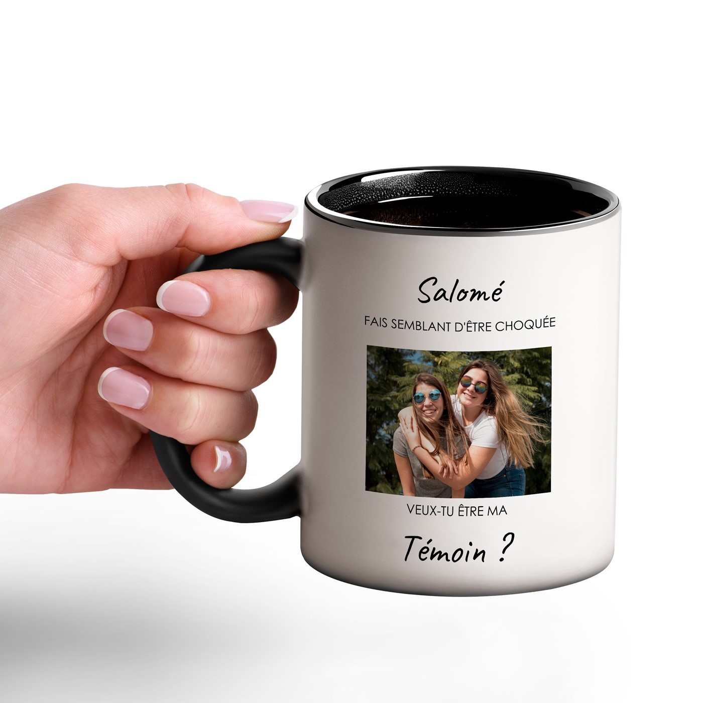 Taza Mágica Murrano - Impresión Personalizada en Negro y Blanco para Testigo de Boda