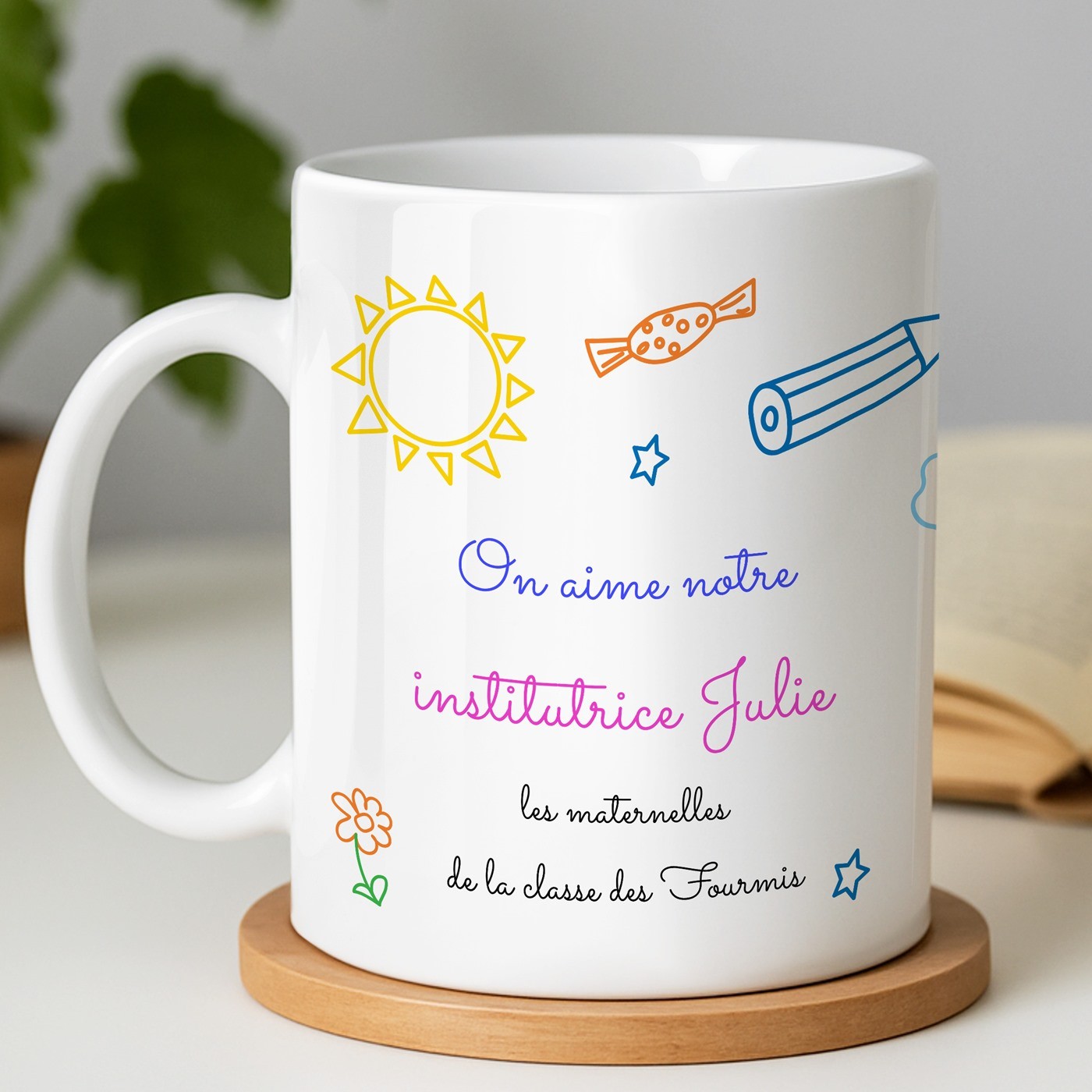 Mug de cerámica blanca Murrano con diseño personalizado de maestra