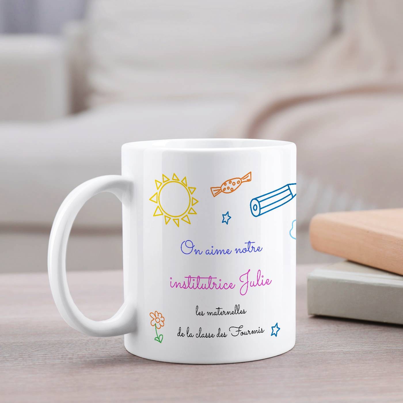 Mug de cerámica blanca Murrano con diseño personalizado de maestra