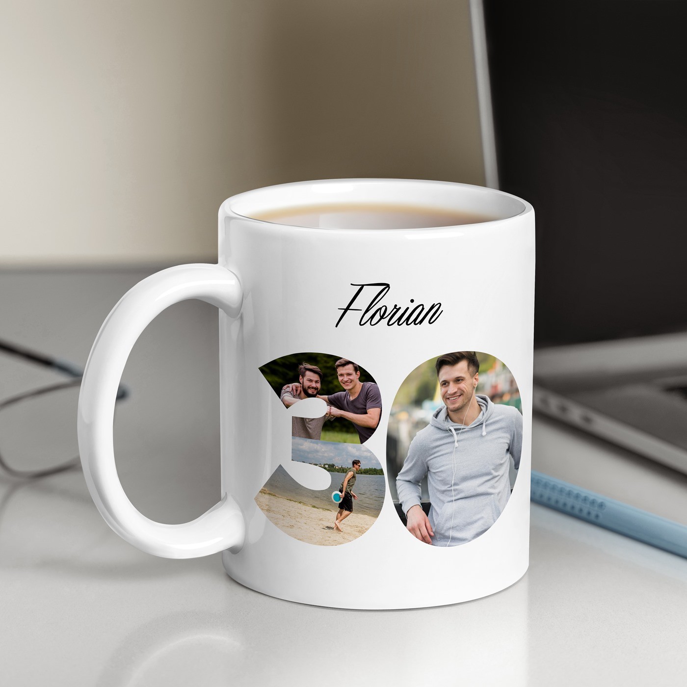 Mug de cerámica blanca Murrano con impresión para él, cumpleaños número 30