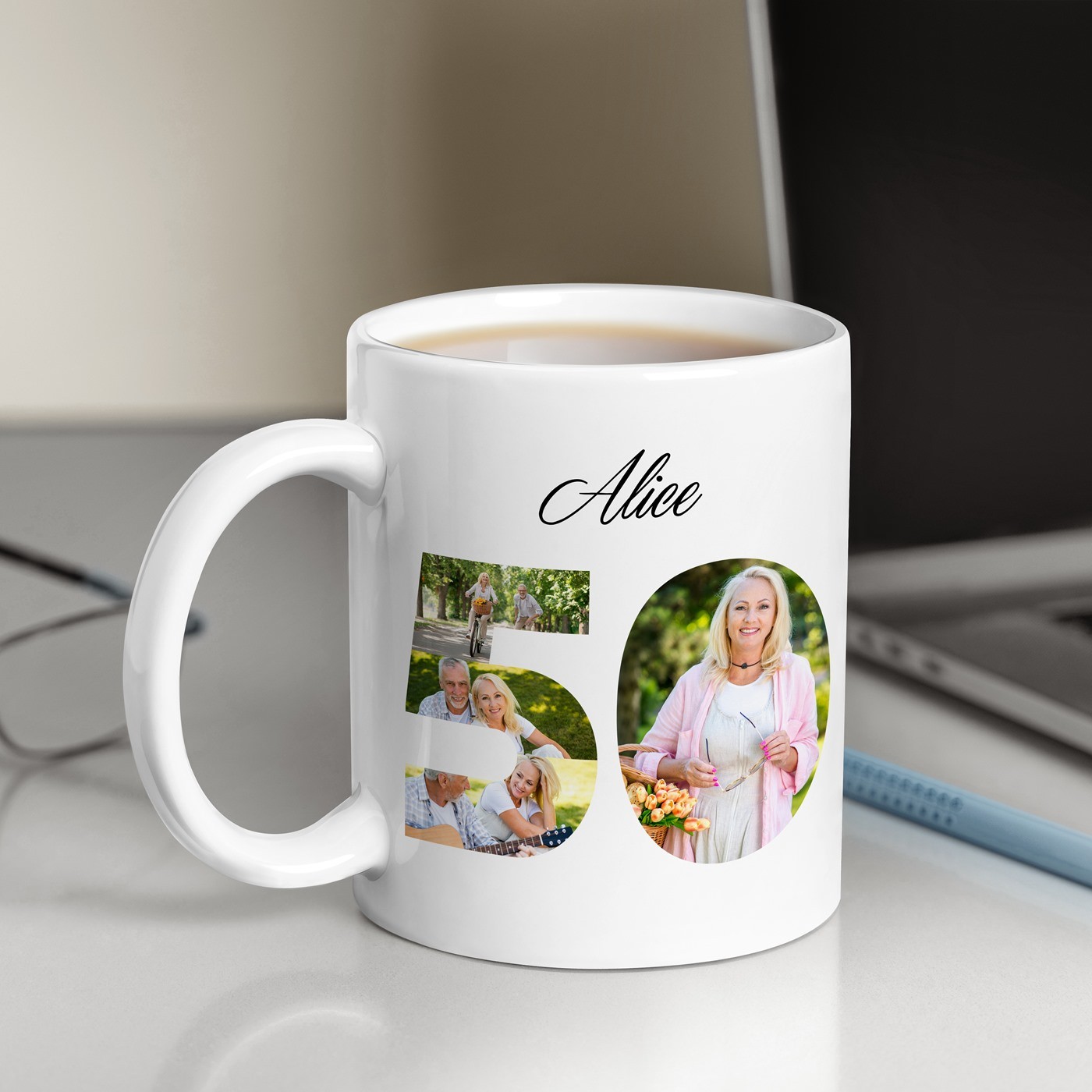 Mug de cerámica blanca Murrano con impresión para el cumpleaños número 50 de un hombre