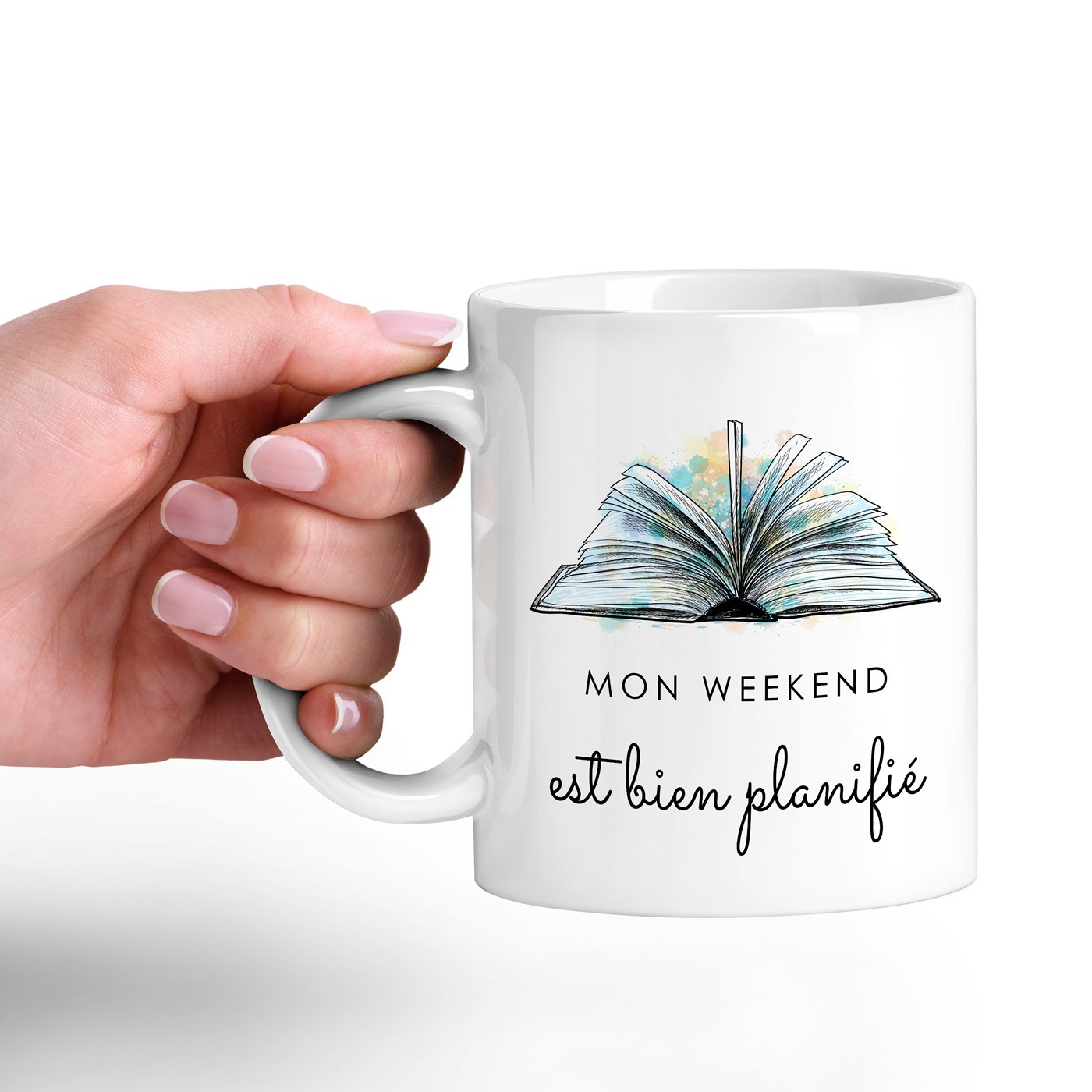 Mug de cerámica blanca Murrano con impresión de mujer lectora