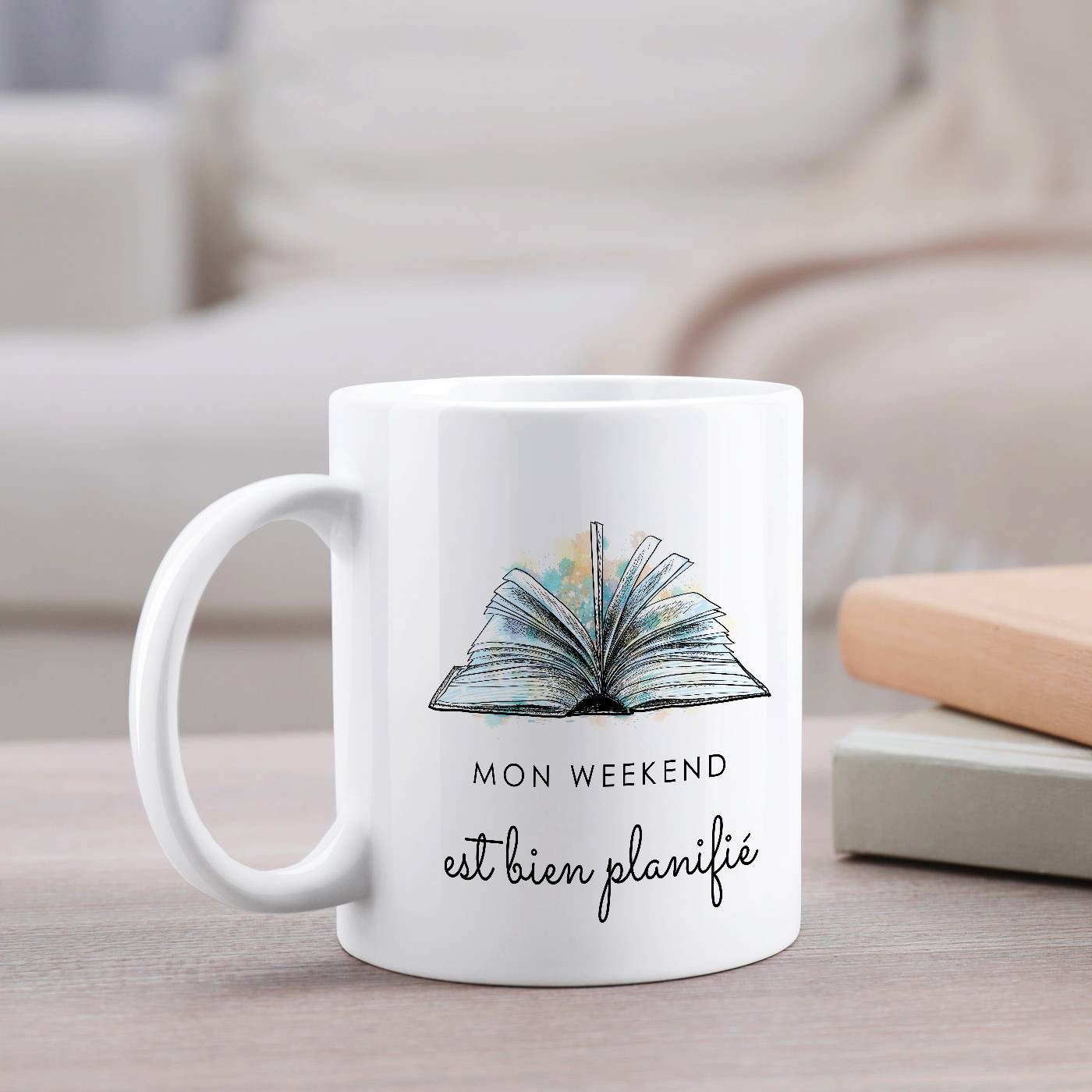 Mug de cerámica blanca Murrano con impresión de mujer lectora