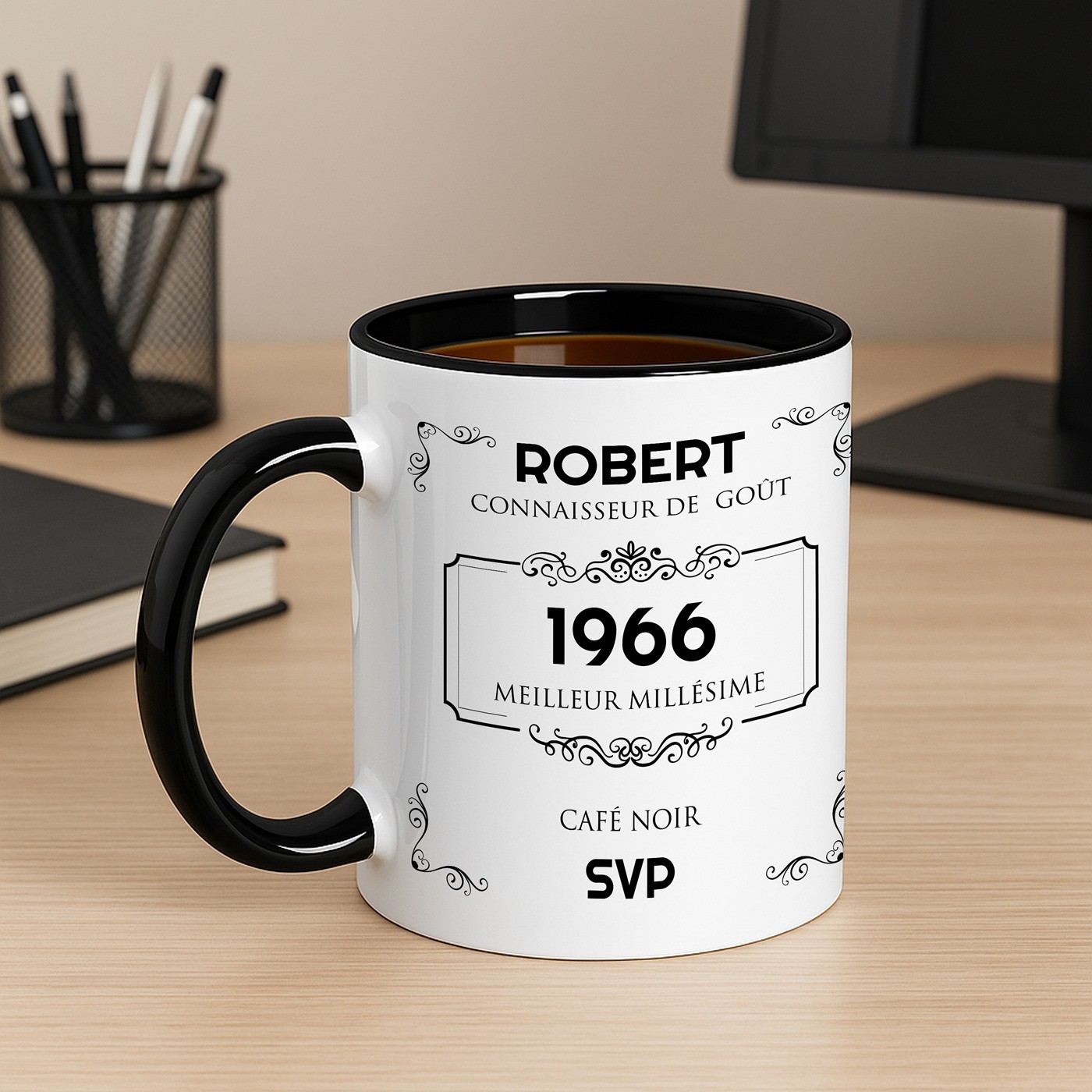 Mug de cerámica blanca personalizada con base negra para el cumpleaños de un papá - Murrano