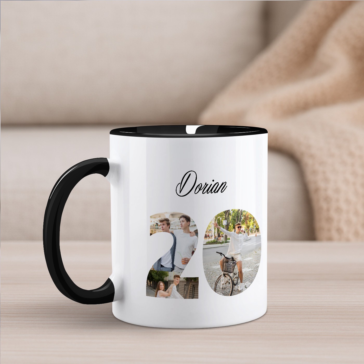 Mug de cerámica personalizado Murrano - Blanco y negro con impresión de foto para su 20º cumpleaños