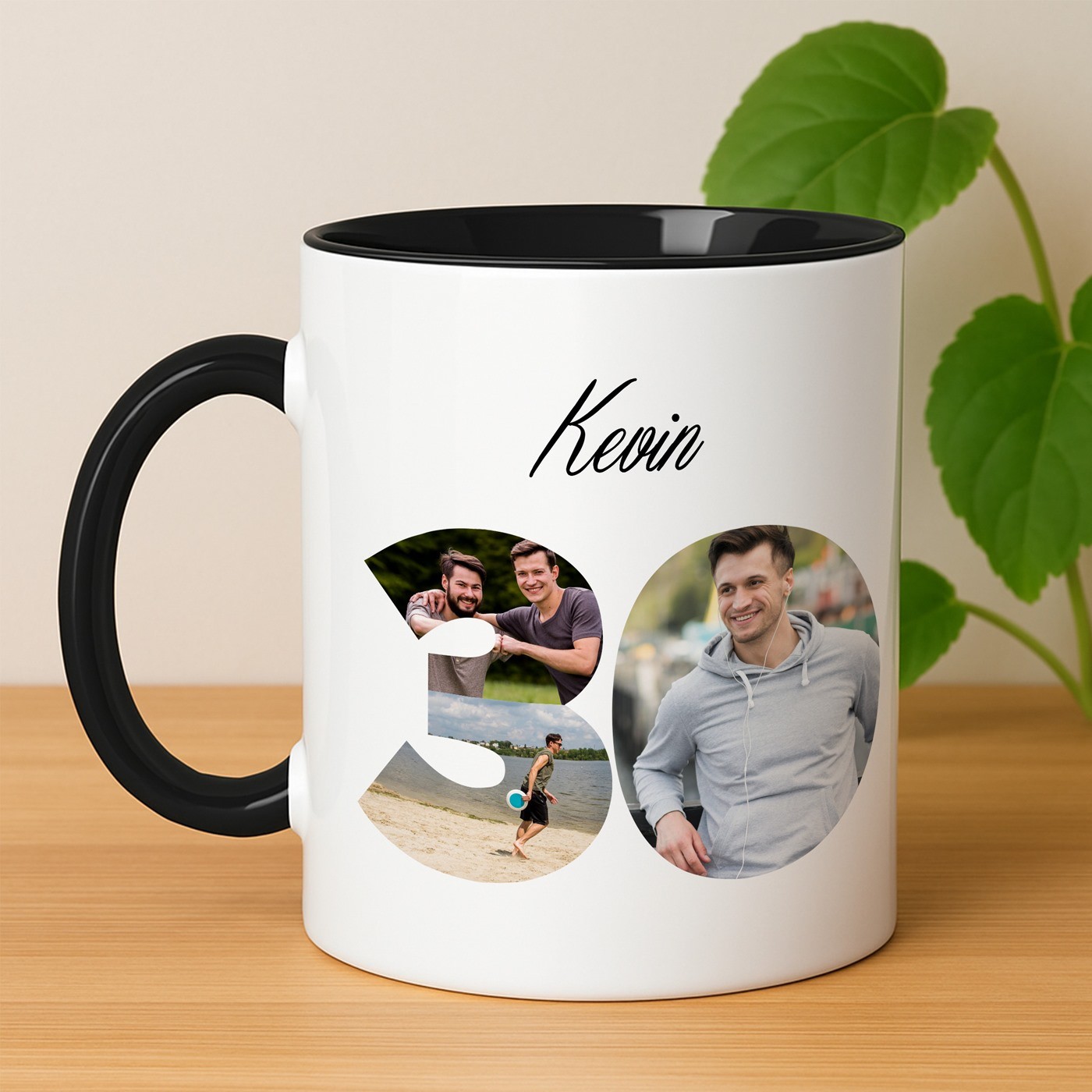 Mug de cerámica Murrano con diseño negro y blanco y personalización con foto para su 30º cumpleaños