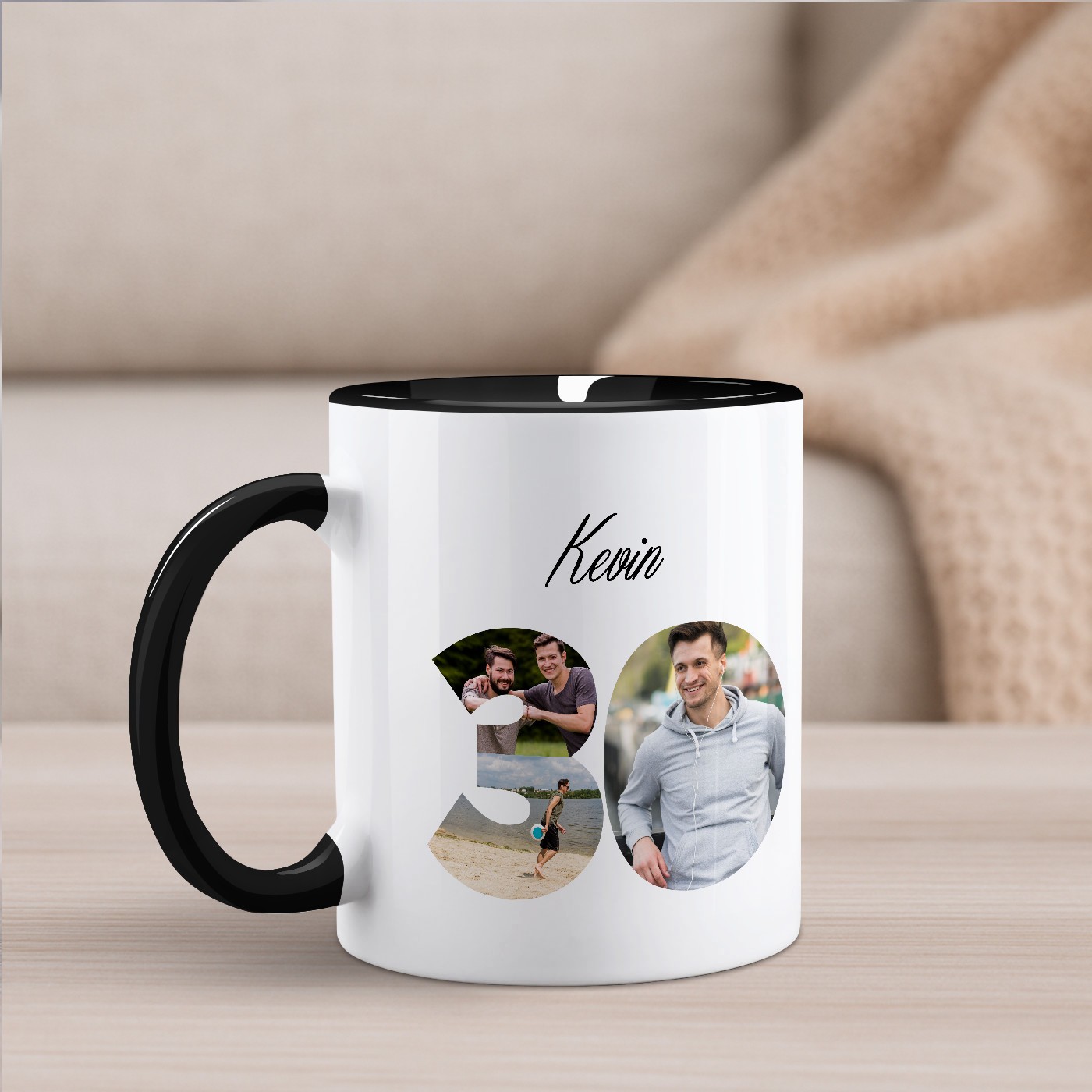 Mug de cerámica Murrano con diseño negro y blanco y personalización con foto para su 30º cumpleaños