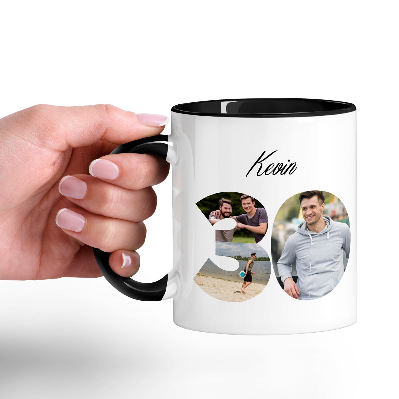 Mug de cerámica Murrano con diseño negro y blanco y personalización con foto para su 30º cumpleaños