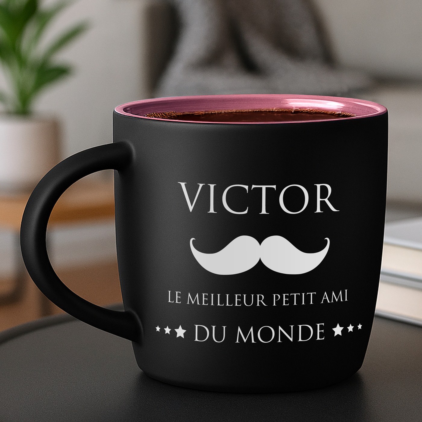Murrano Mat Black Ceramic Mug with Pink Base and Laser Engraving for Boyfriend on Valentine's Day