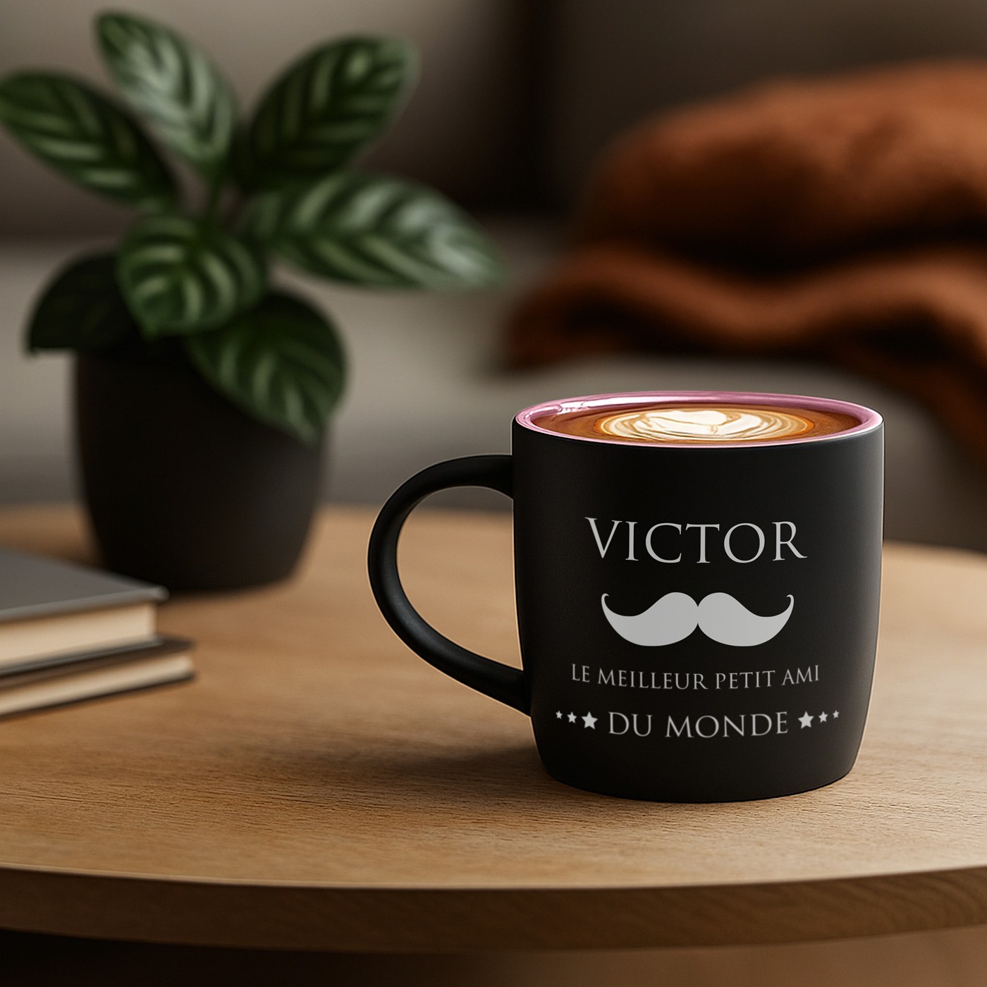 Murrano Mat Black Ceramic Mug with Pink Base and Laser Engraving for Boyfriend on Valentine's Day