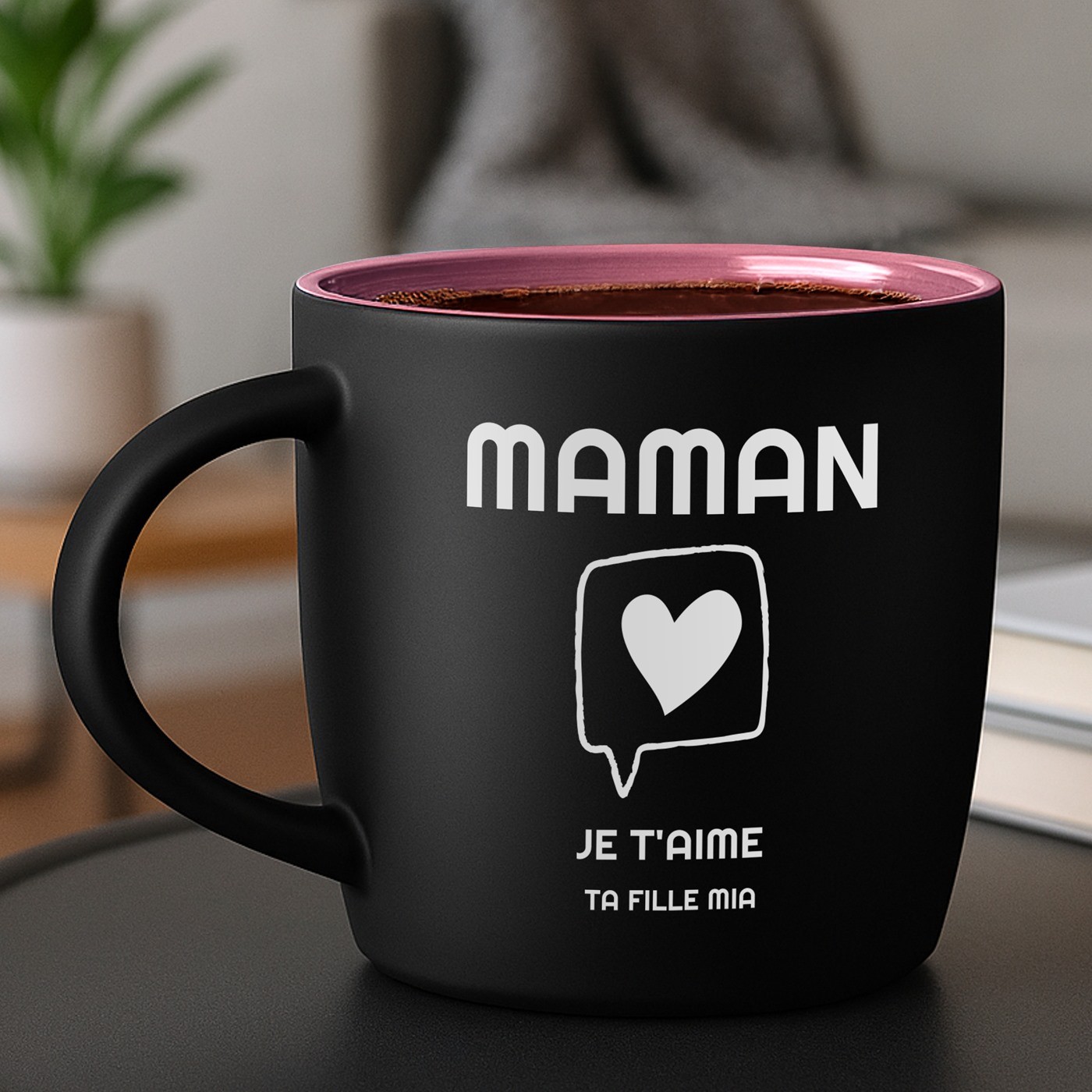 Mug de cerámica negra mate Murrano con base rosa y personalización para el Día del Padre