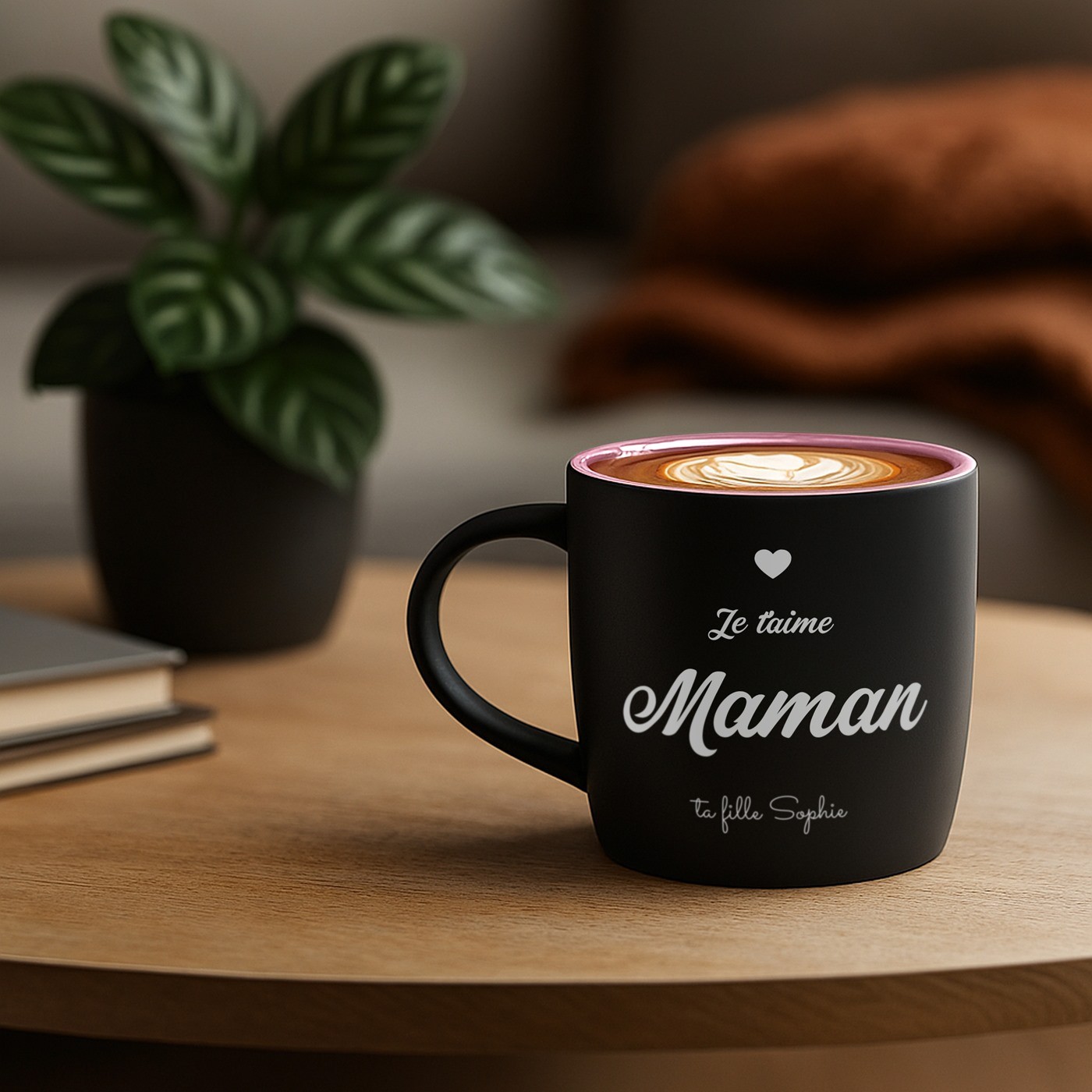 Taza de cerámica negra mate con base rosa y grabado láser para el cumpleaños de una mamá - Murrano