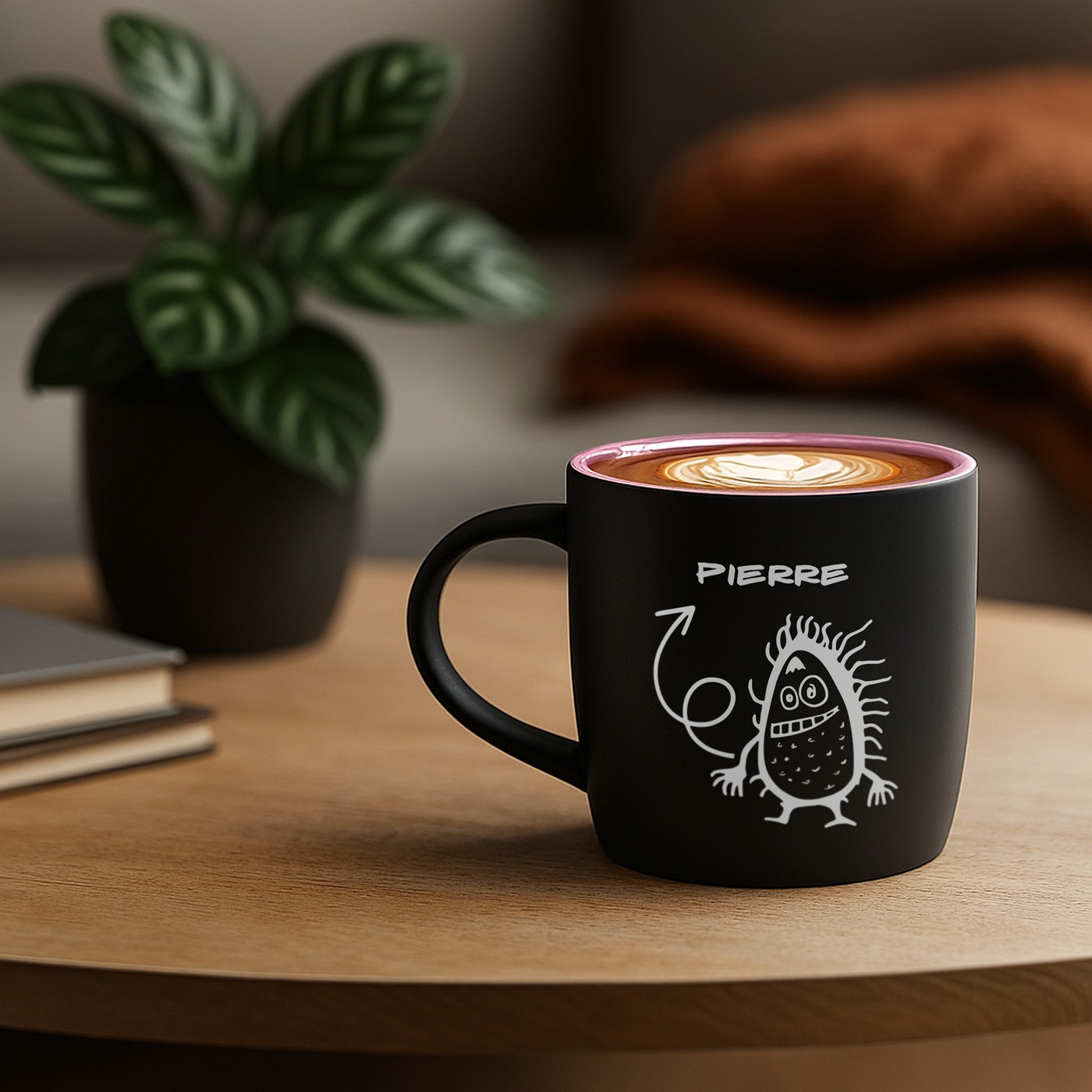 Mug de cerámica mate negra Murrano con base rosa y personalización para el cumpleaños de un niño