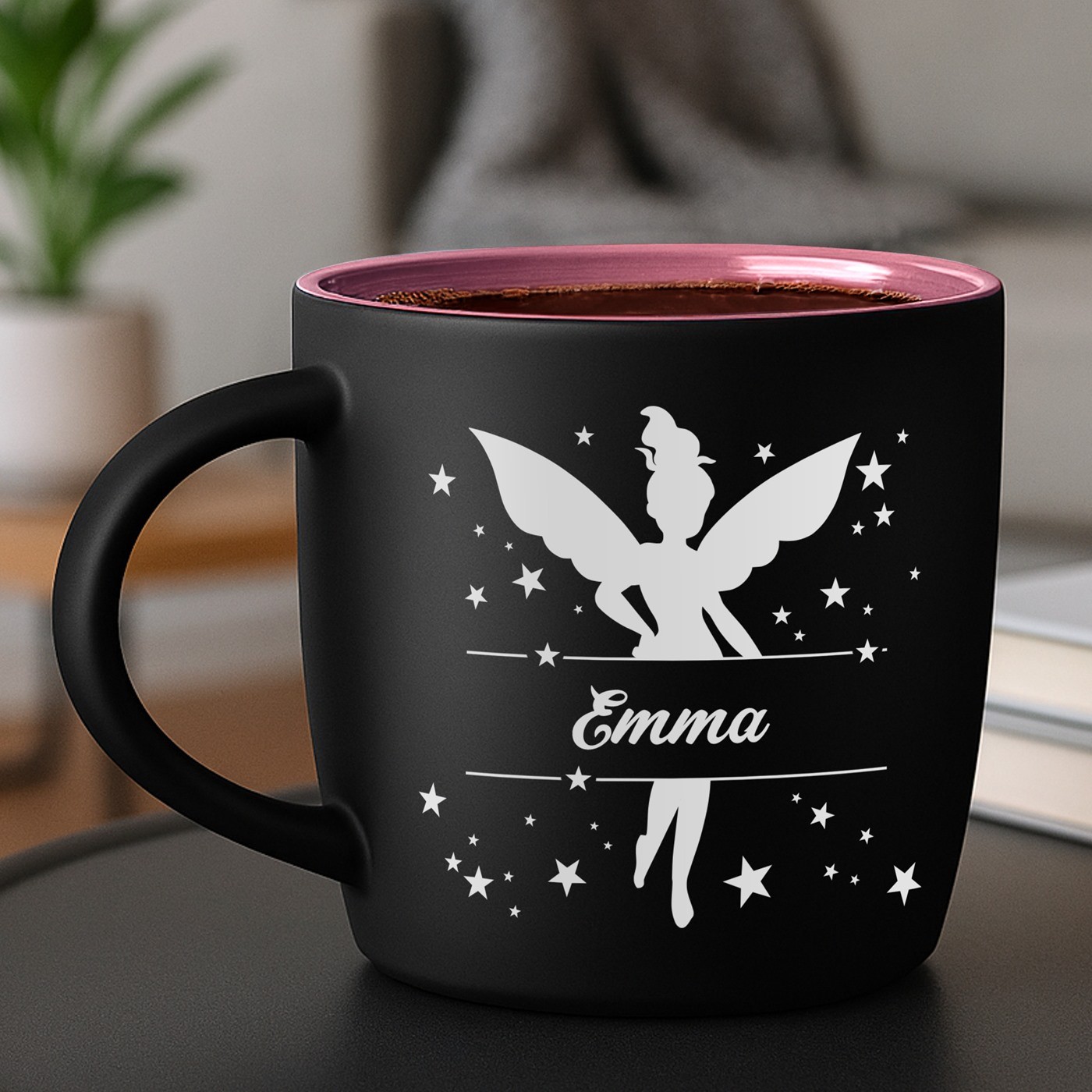 Mug de cerámica Murrano - Negro mate con base rosa y grabado láser para regalo de cumpleaños de una niña