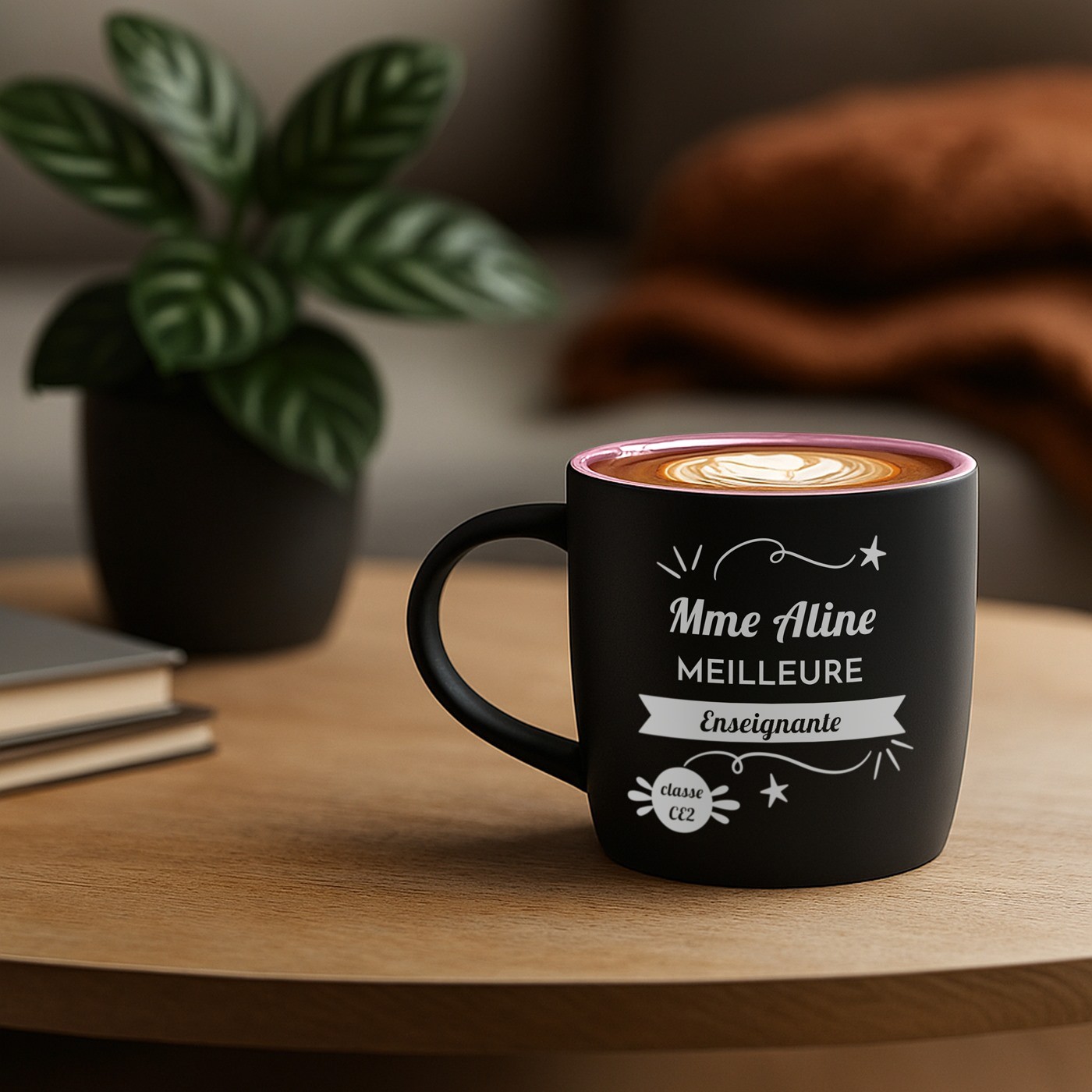 Taza de cerámica Murrano con acabado mate negro y base rosa - Grabado personalizado