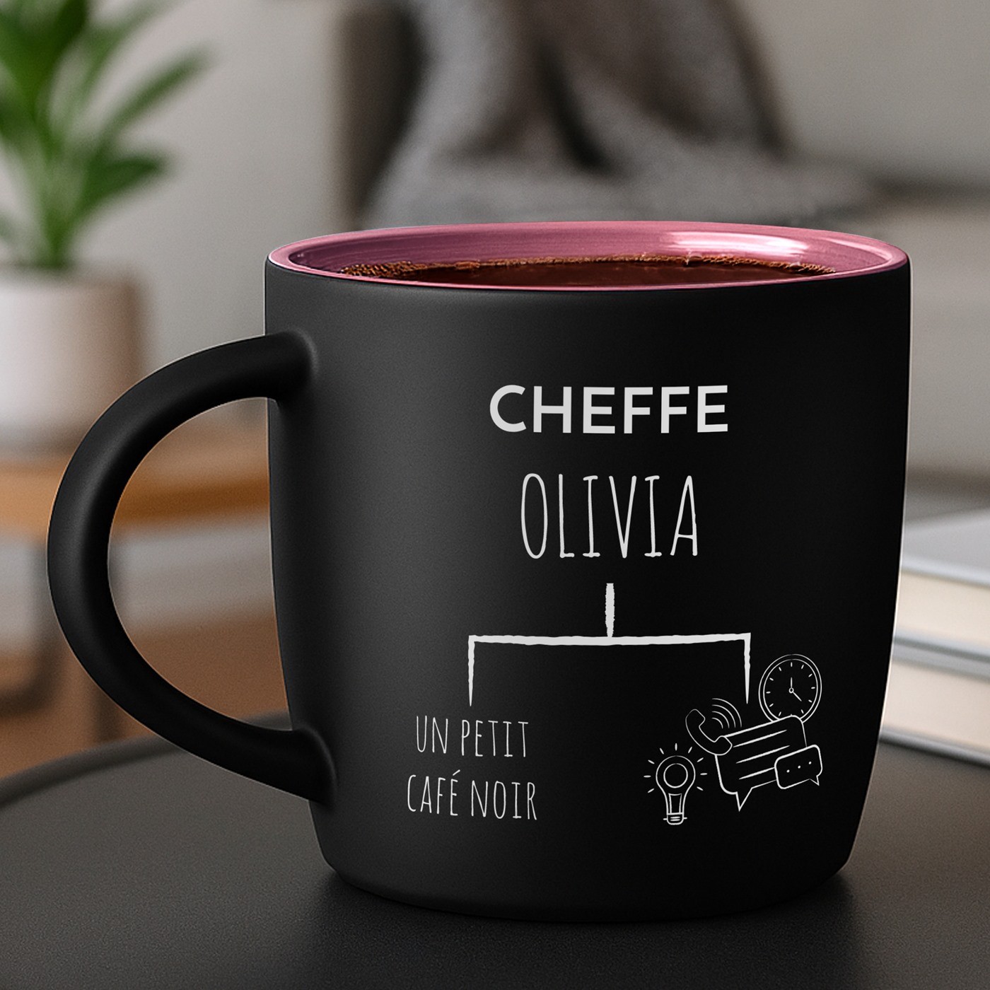Murrano Black Matte Ceramic Mug with Pink Base and Anniversary Engraving for a Chef