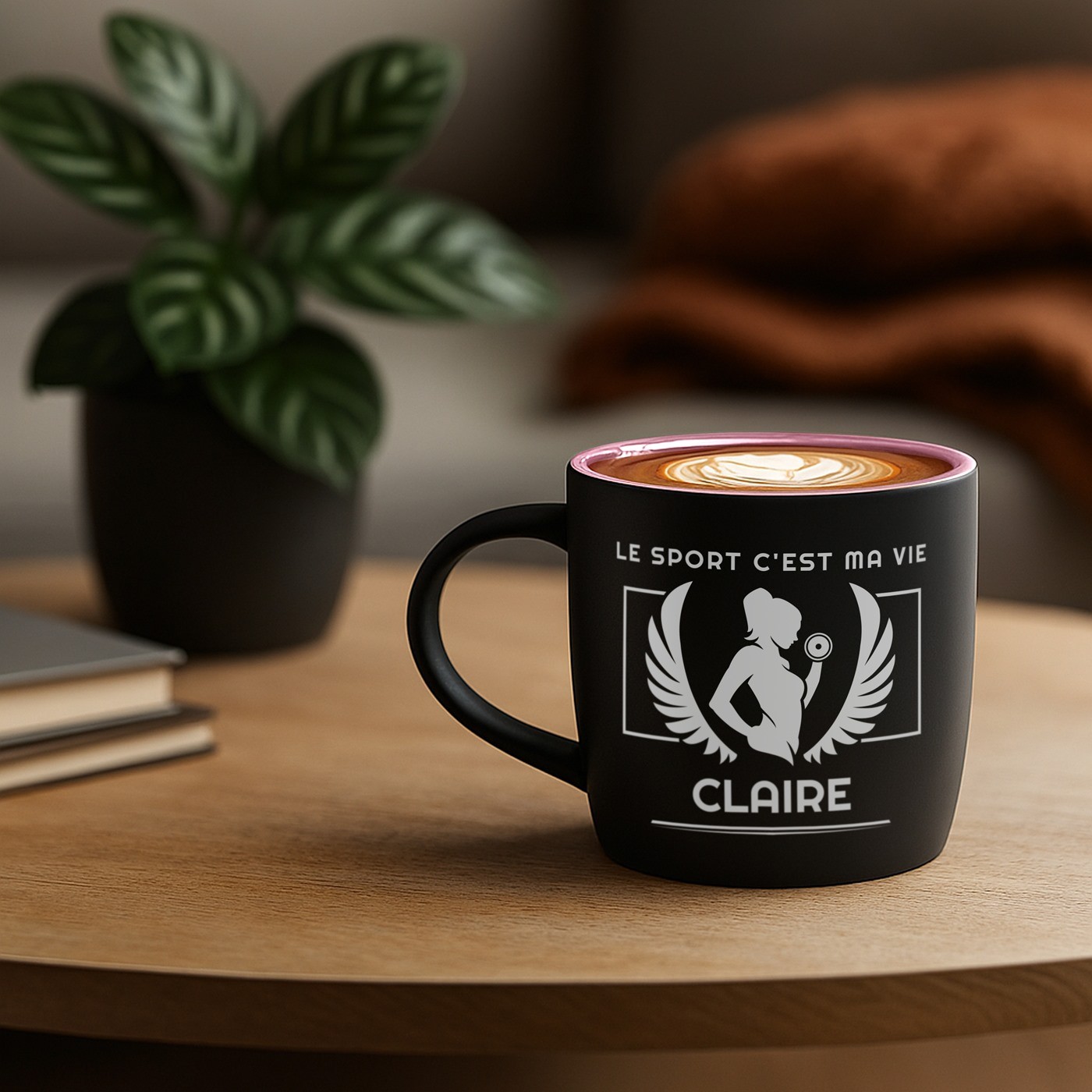 Taza de cerámica negra mate con base rosa y grabado láser para mujer fitness de Murrano