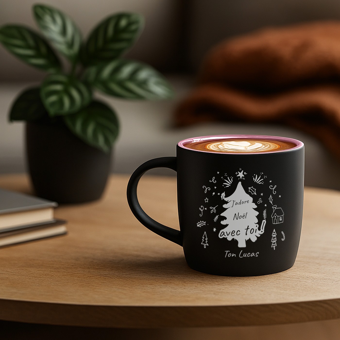 Mug de cerámica mate negra Murrano con base rosa y grabado láser para marido por Navidad