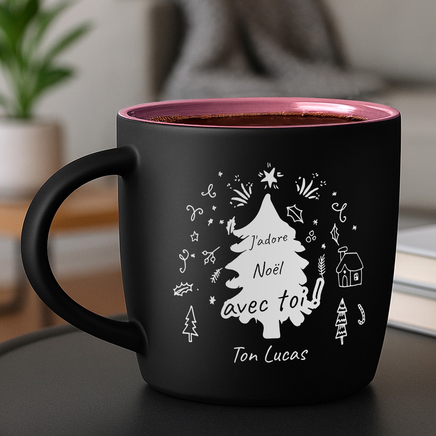 Mug de cerámica mate negra Murrano con base rosa y grabado láser para marido por Navidad