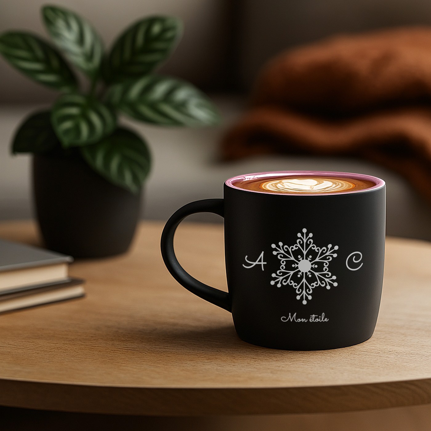 Taza de cerámica negra mate Murrano con base rosa y personalización para parejas - Edición Navideña