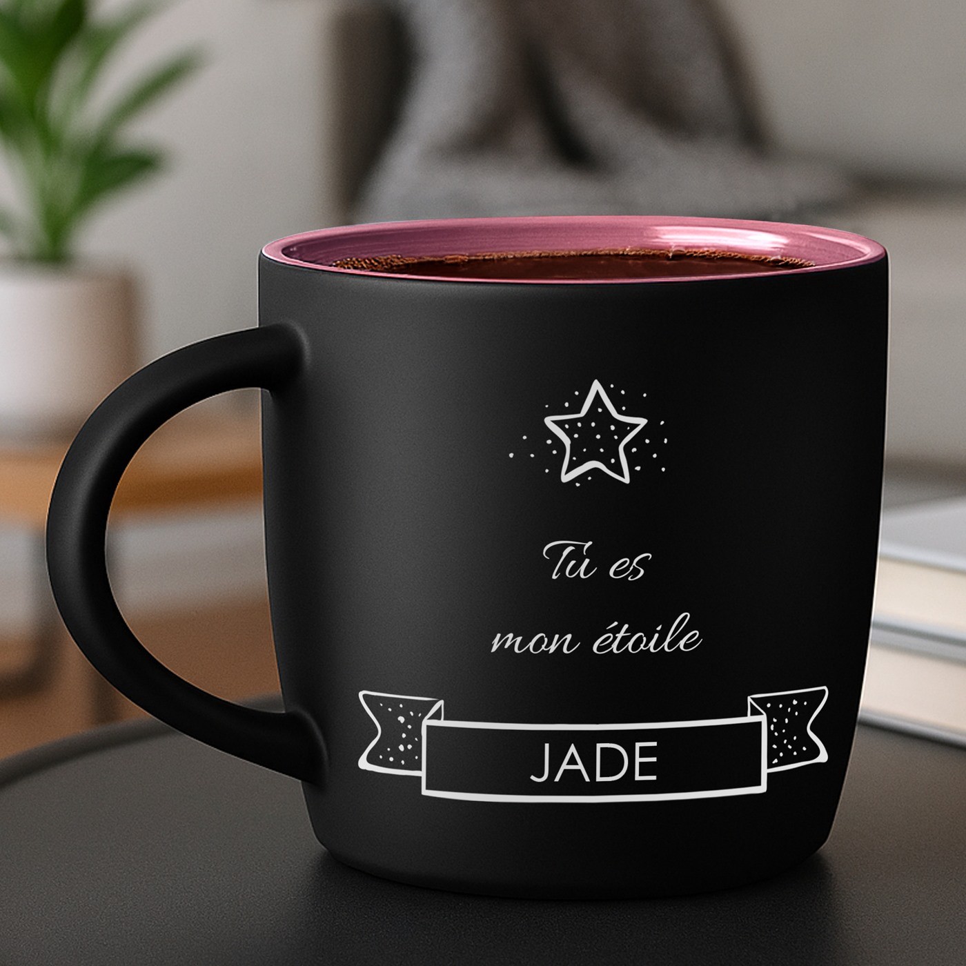 Taza de cerámica Murrano negra mate con base rosa para mujer para Navidad