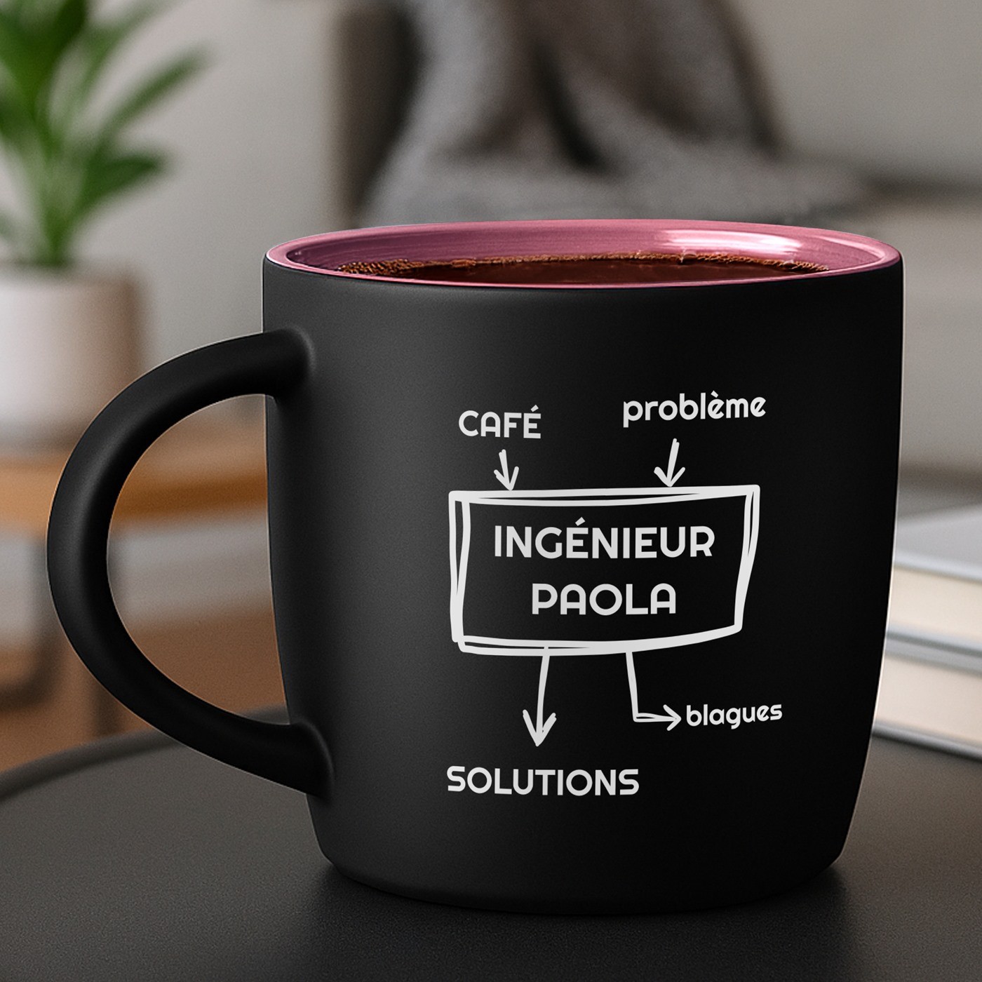 Taza de cumpleaños para ingeniero Murrano - Cerámica mate negra con base rosa y grabado láser personalizado