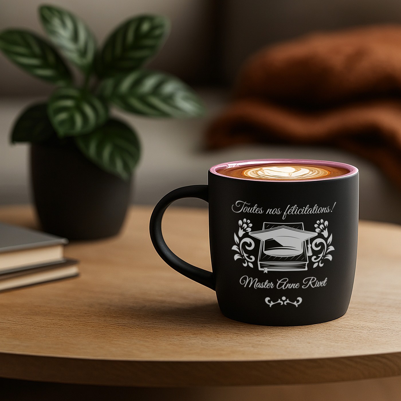 Taza de cerámica negra mate con base rosa de Murrano con personalización para su maestría
