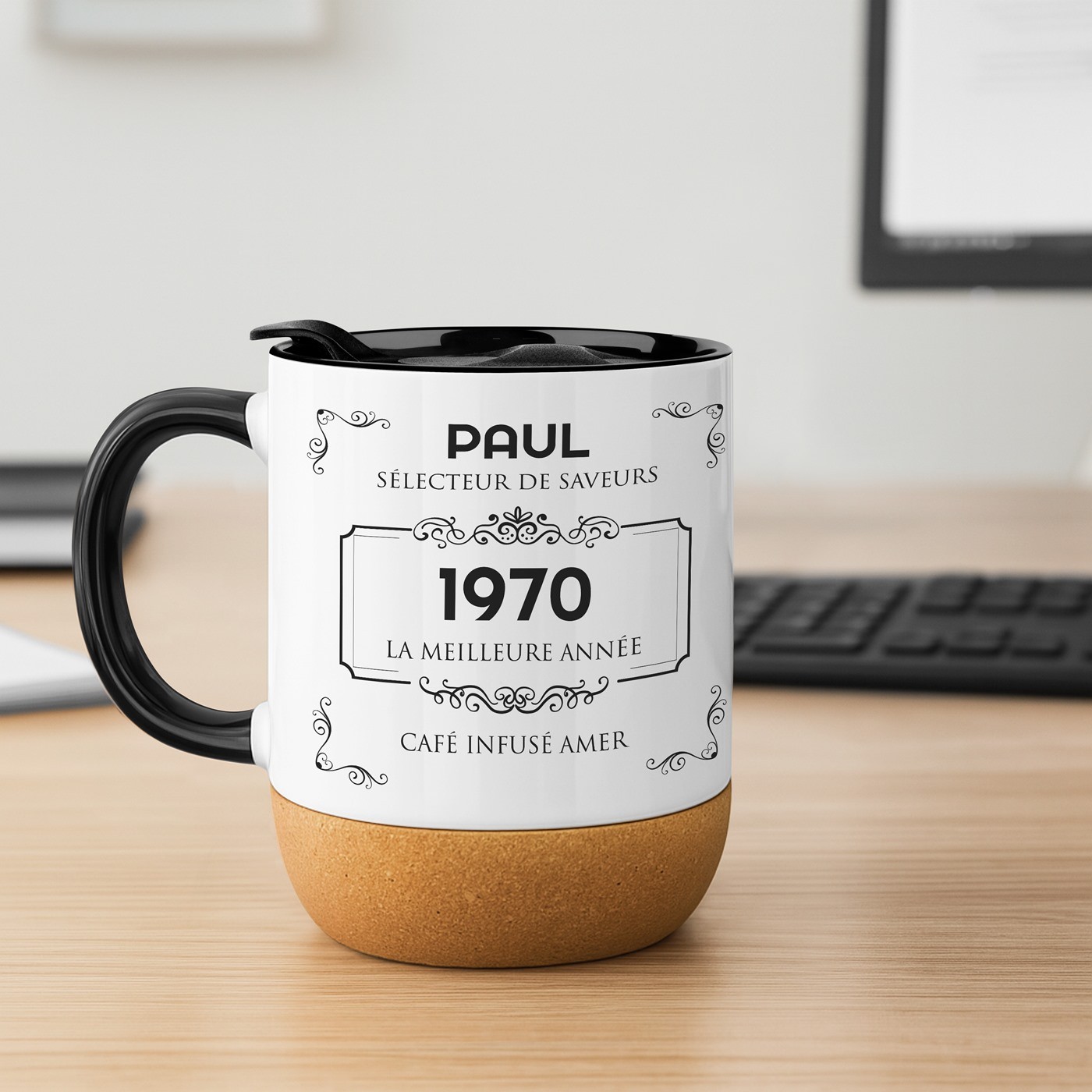 Murrano White Ceramic Mug with Lid and Personalized Print for Coffee Lovers