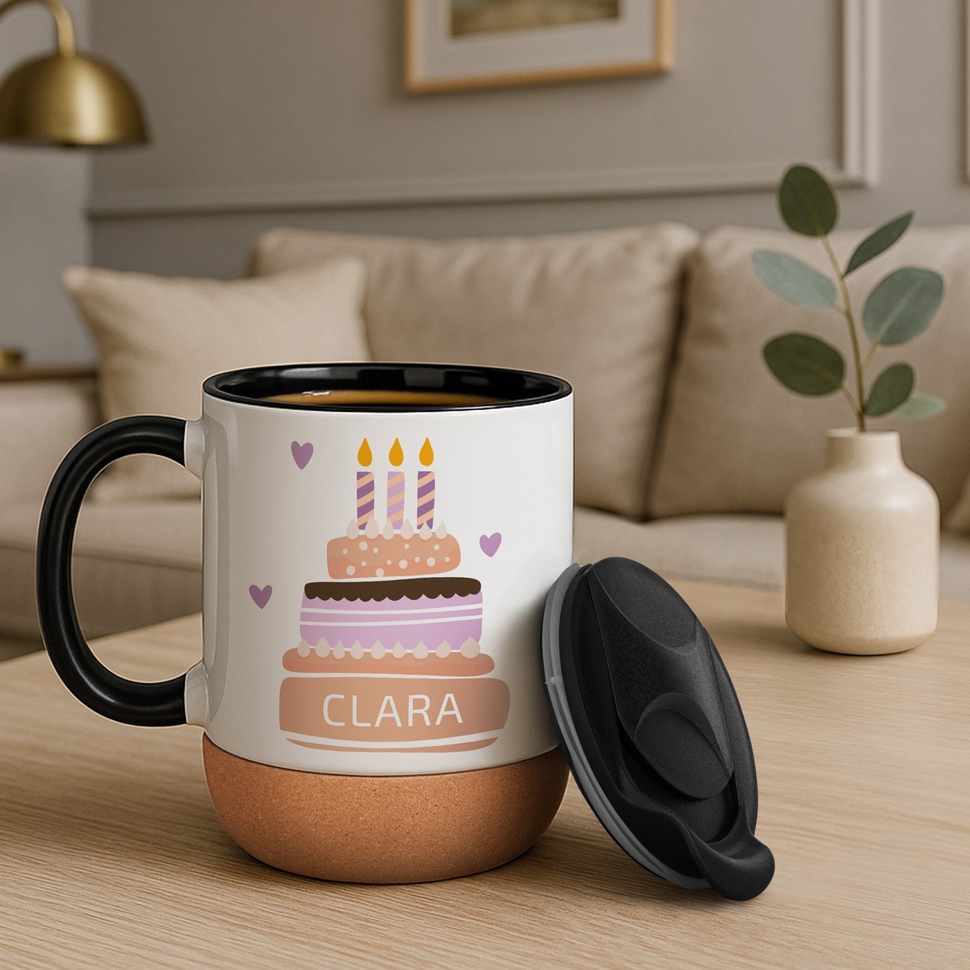 Mug de cerámica blanca Murrano con base de corcho y tapa para aniversario de mujer
