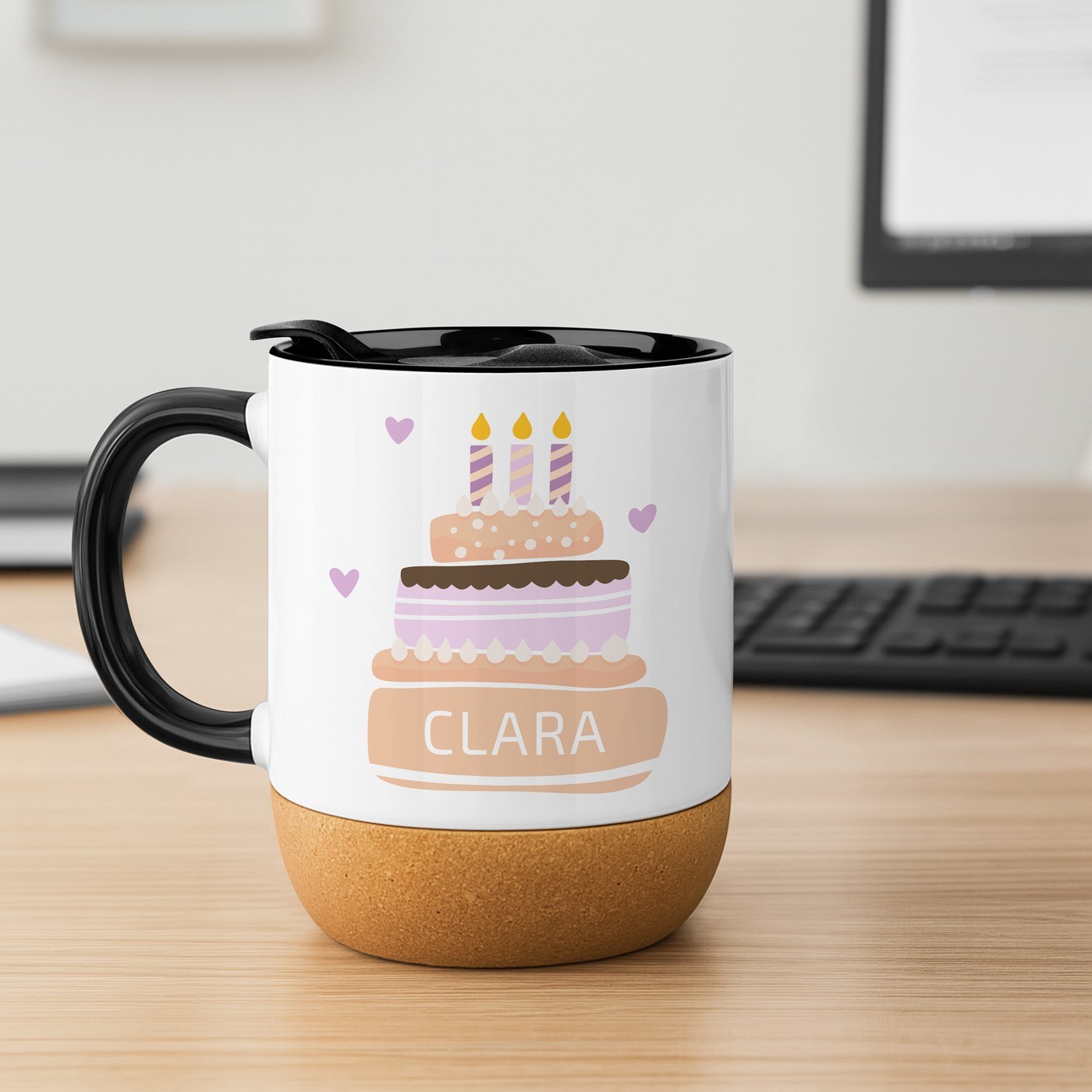 Mug de cerámica blanca Murrano con base de corcho y tapa para aniversario de mujer