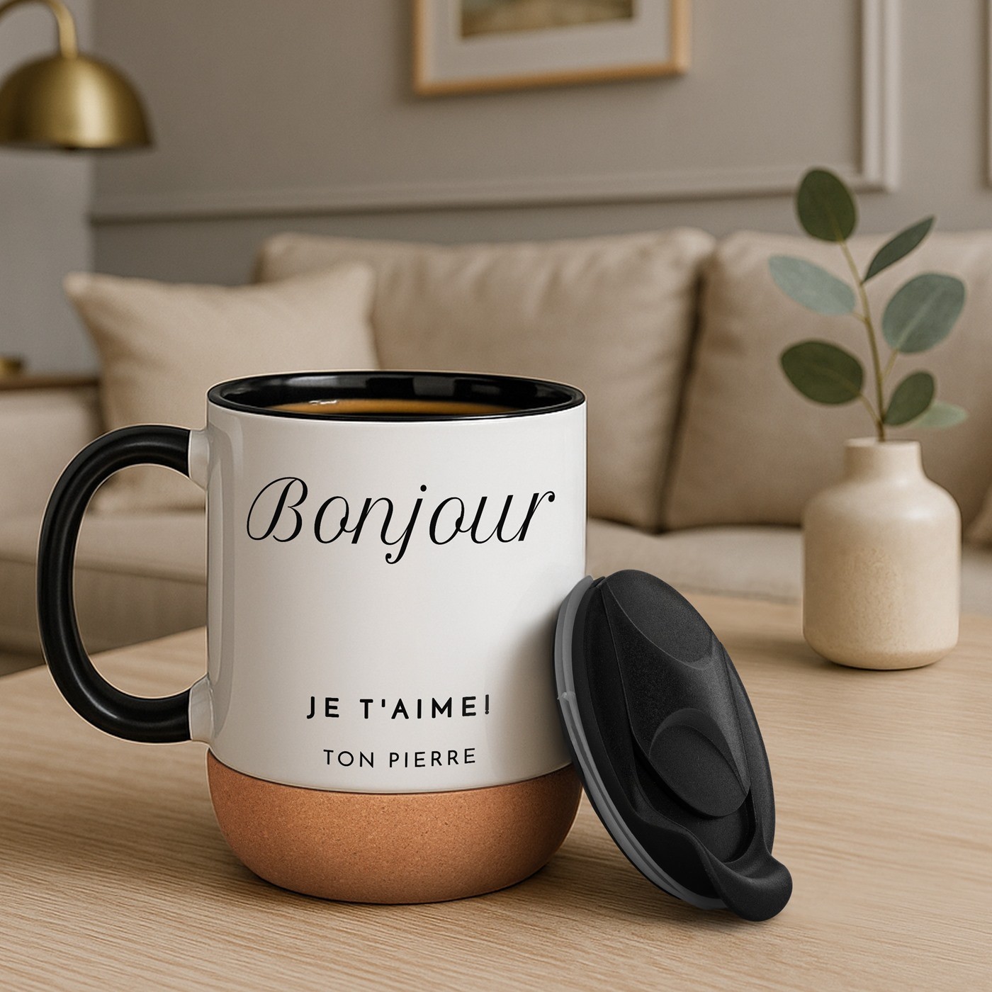 Murrano White Ceramic Mug with Lid and Personalized Print for Women's Birthday