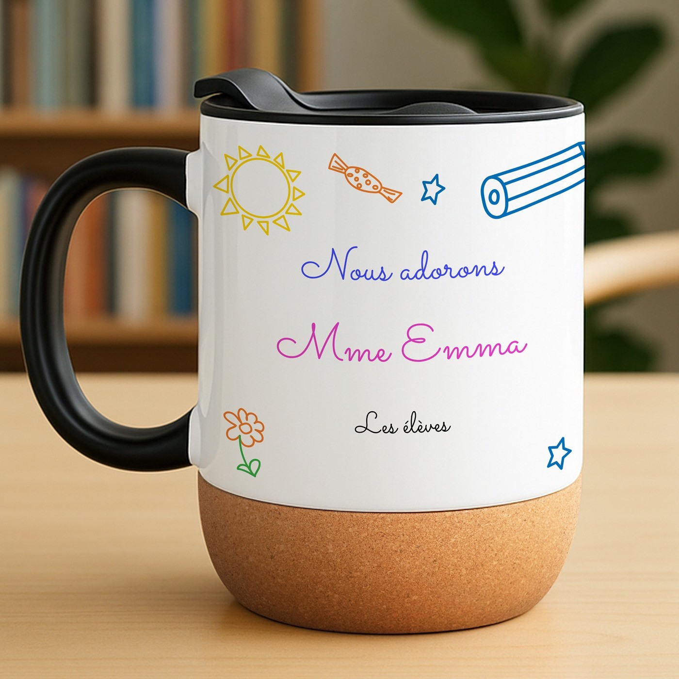 Mug de cerámica Murrano con base de corcho y tapa - Regalo personalizado para profesores