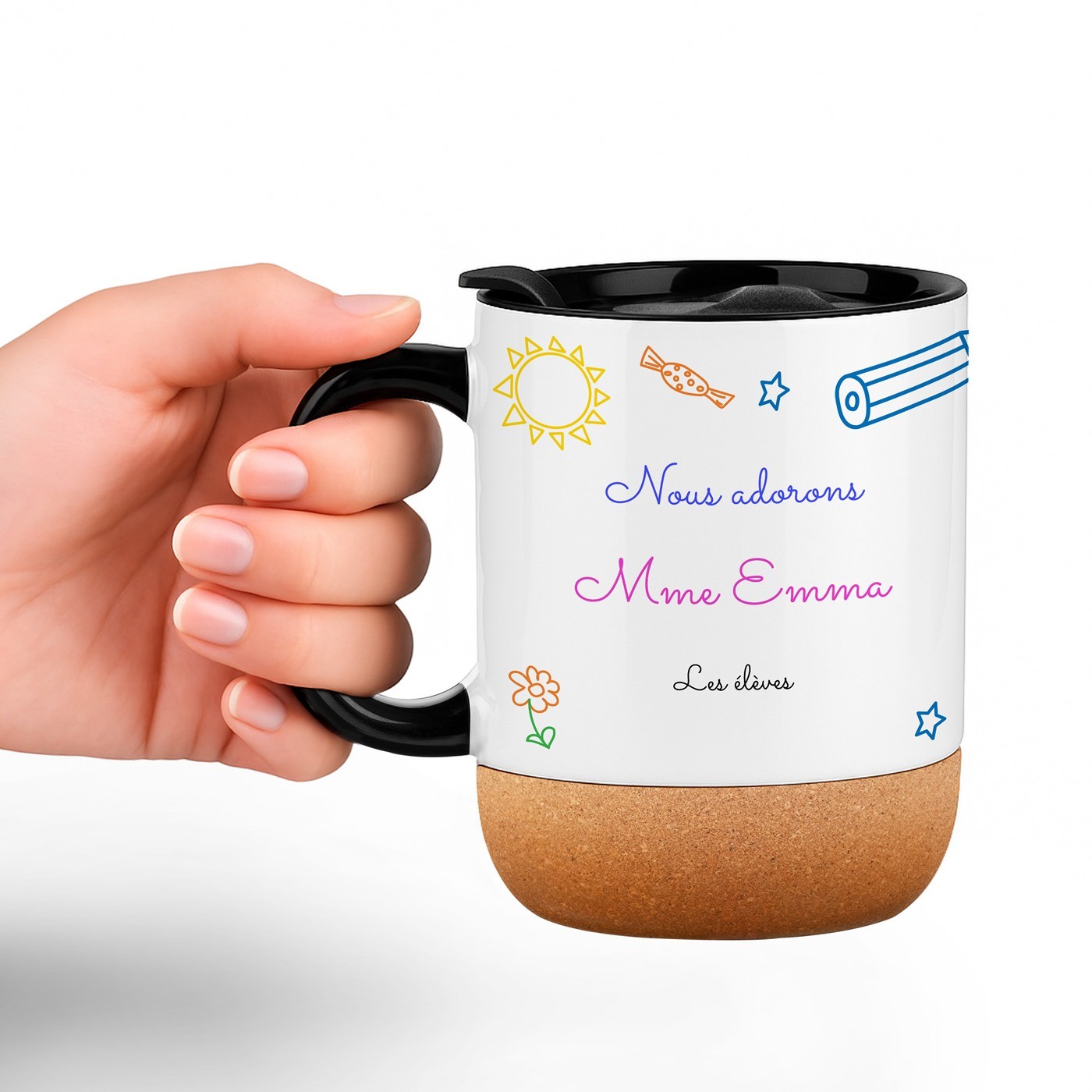 Mug de cerámica Murrano con base de corcho y tapa - Regalo personalizado para profesores