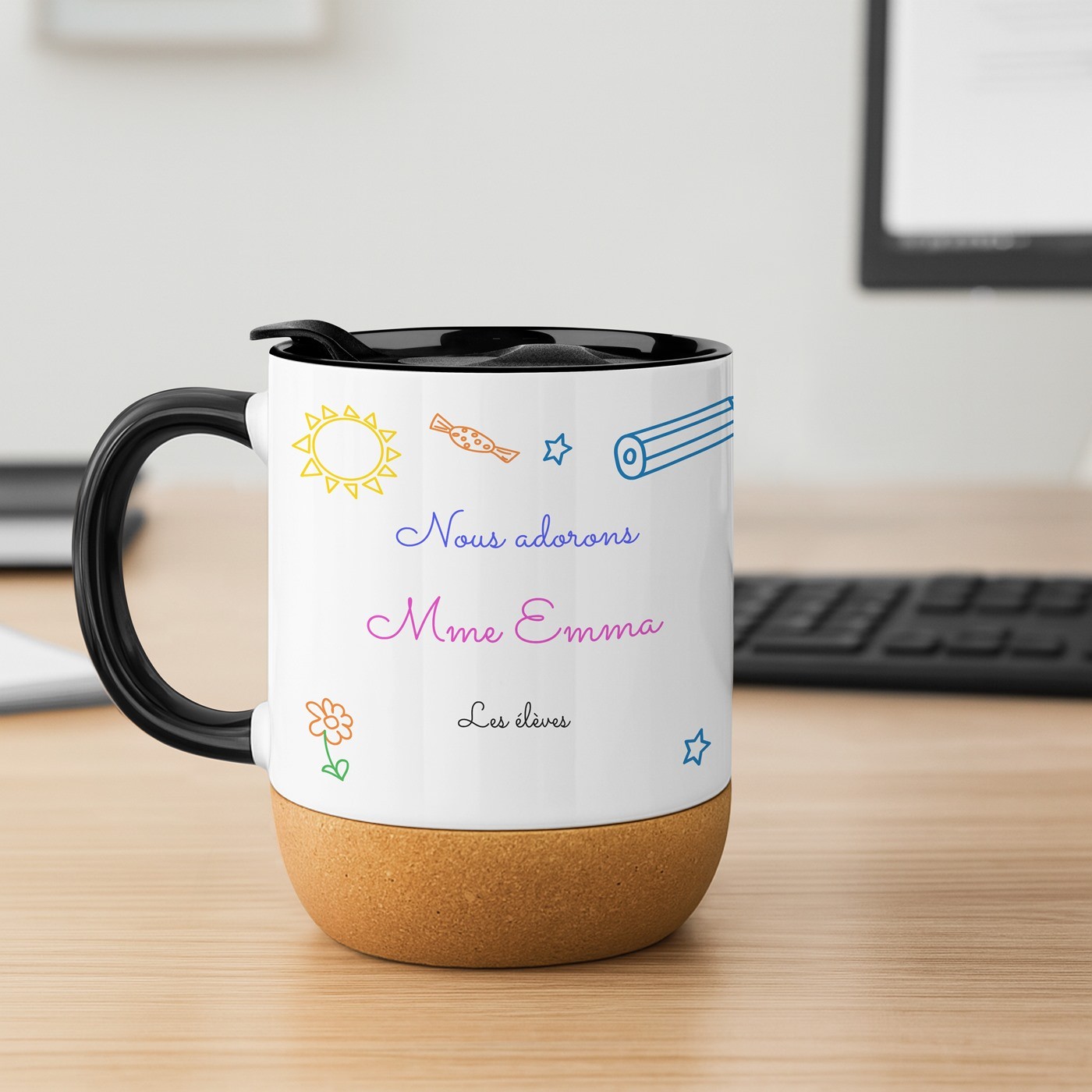 Mug de cerámica Murrano con base de corcho y tapa - Regalo personalizado para profesores