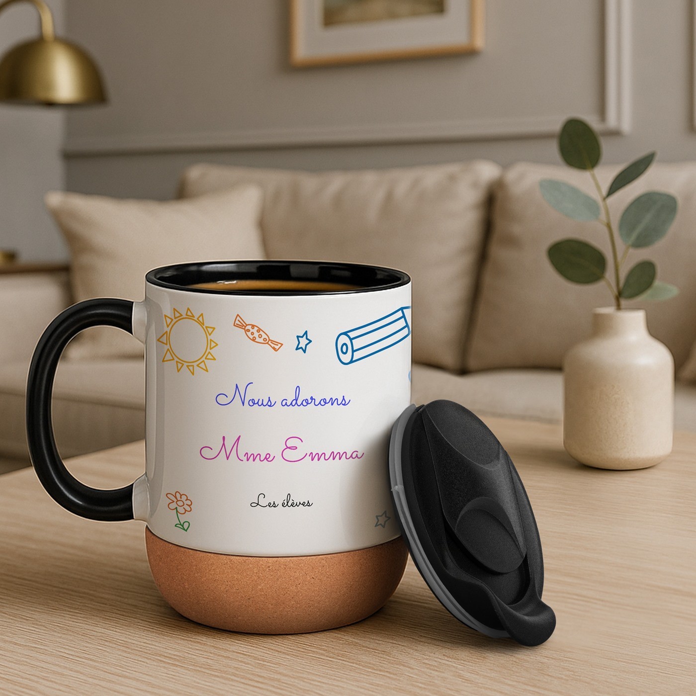 Mug de cerámica Murrano con base de corcho y tapa - Regalo personalizado para profesores