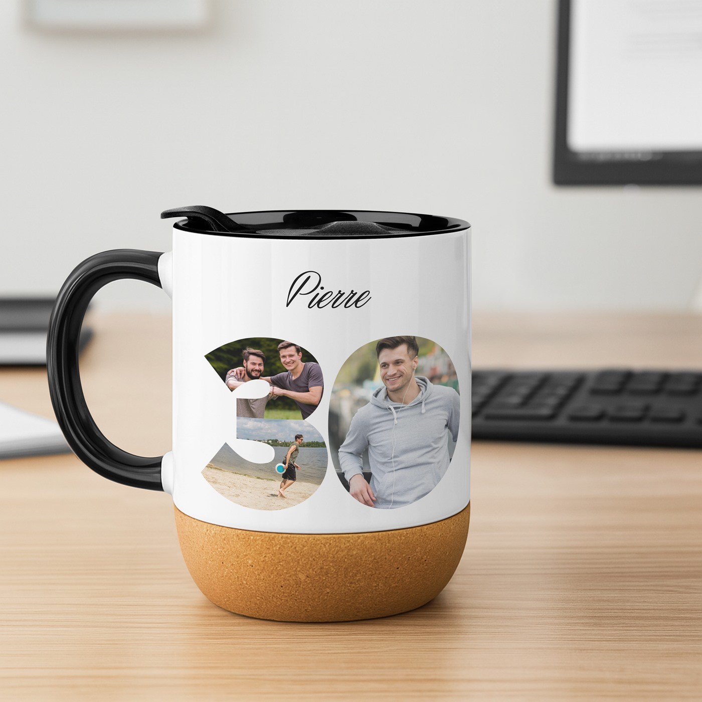 Mug de cerámica Murrano con base de corcho y tapa para regalo de cumpleaños de 30 años